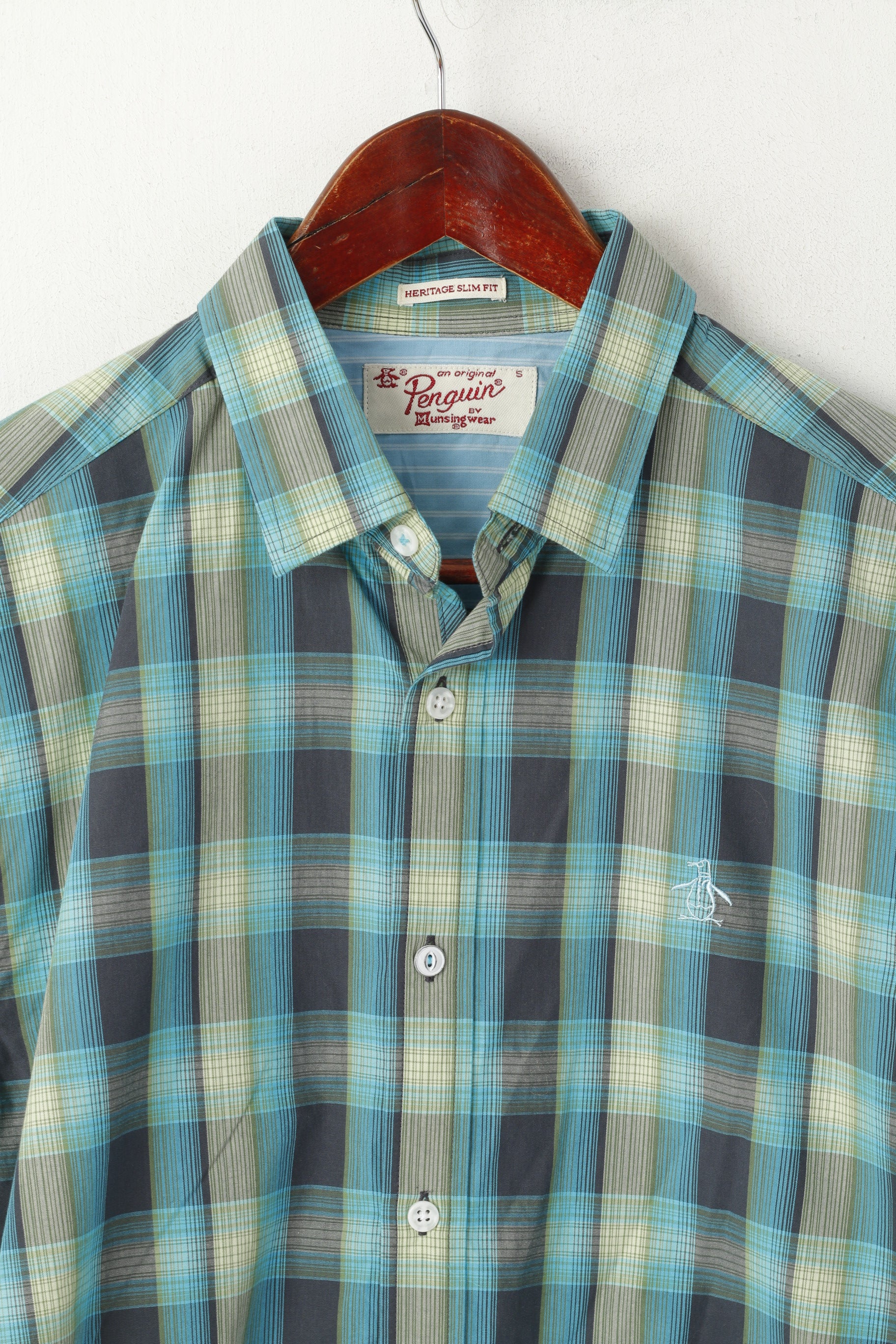 Penguin Men S Casual Shirt Blue Cotton Heritage Slim Fit Checkered Short Sleeve - Image 2
