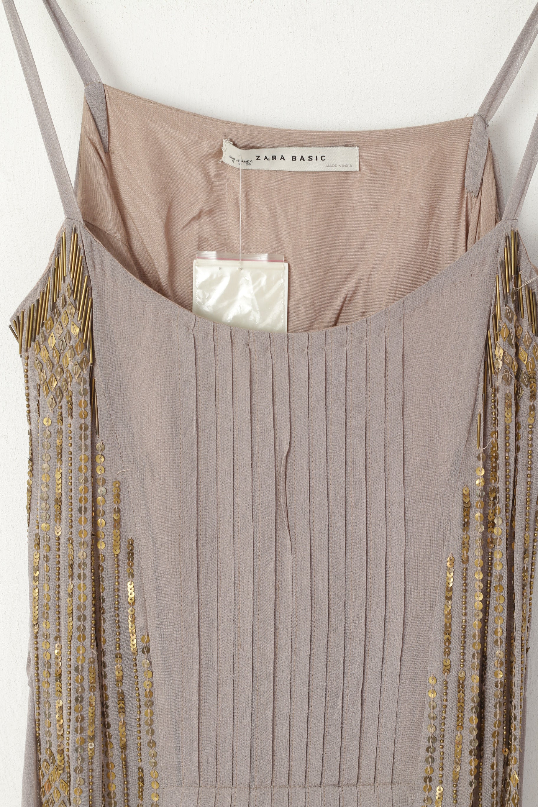 New Zara Basic Women S Tunic Taupe Viscose Spaghetti Strap Sequins Shirt - Image 2