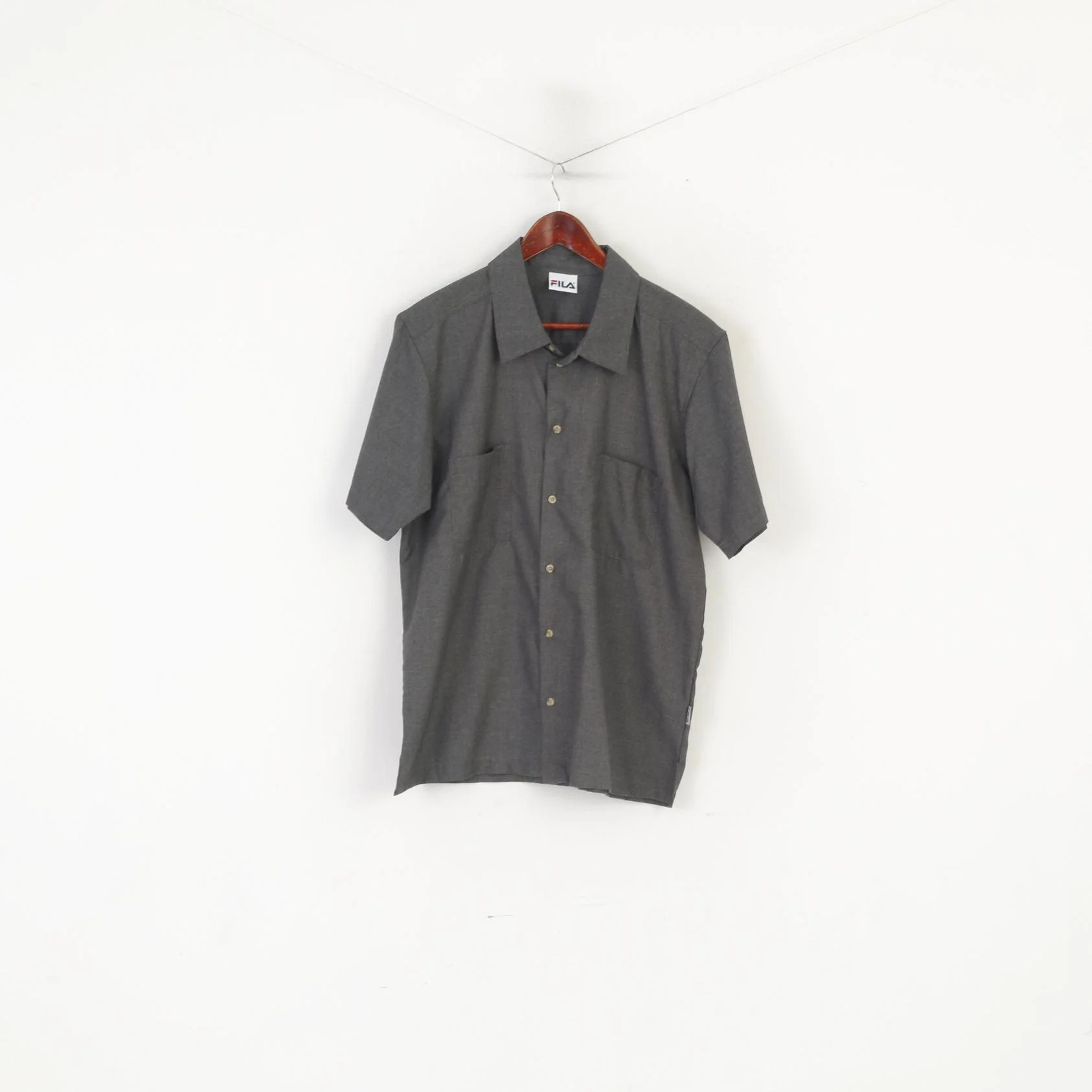 Fila Men L Casual Shirt Gray Sportswear Short Sleeve Pockets Plain Top