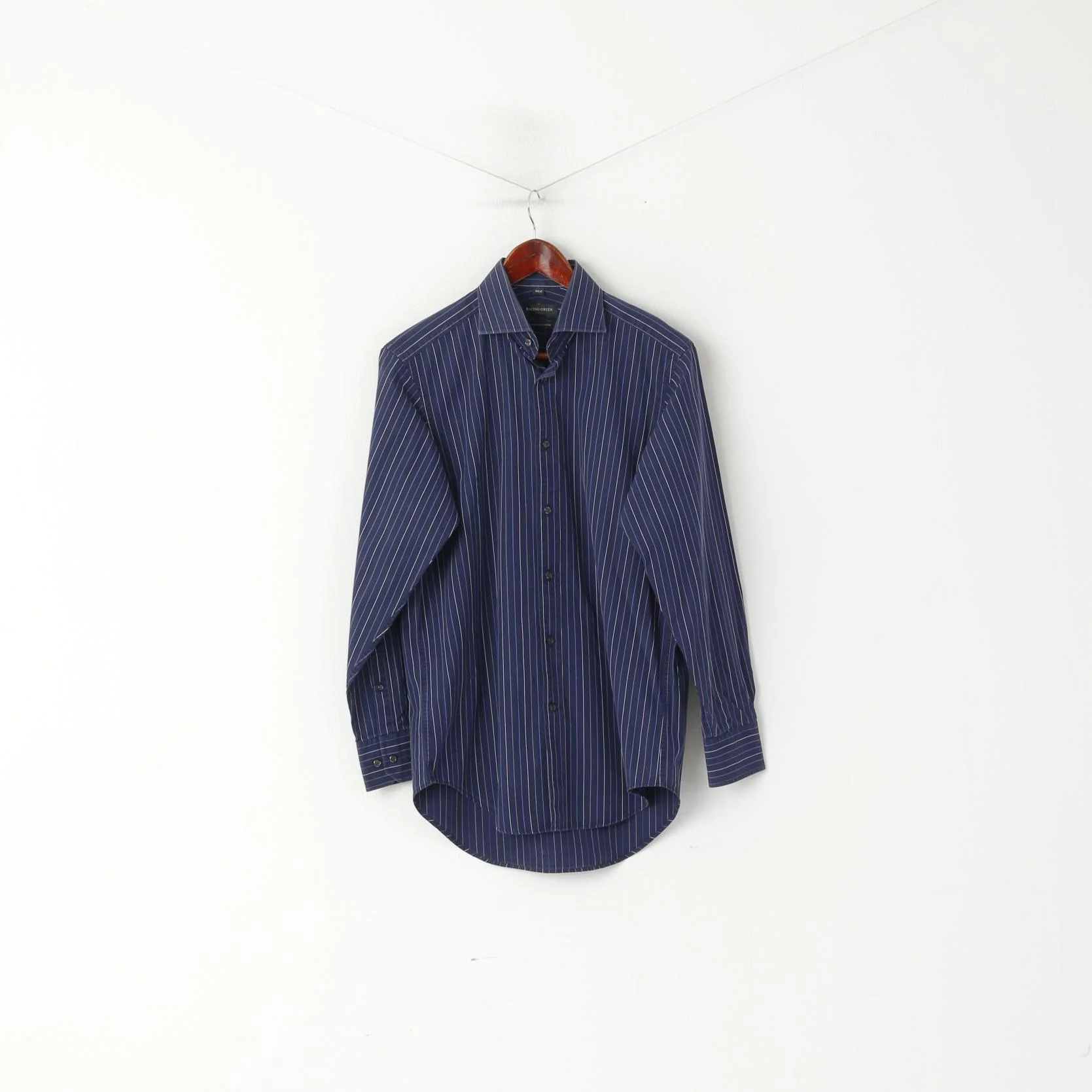 Racing Green Men 14.5 37 M Casual Shirt Navy Striped Cotton Long Sleeve Top