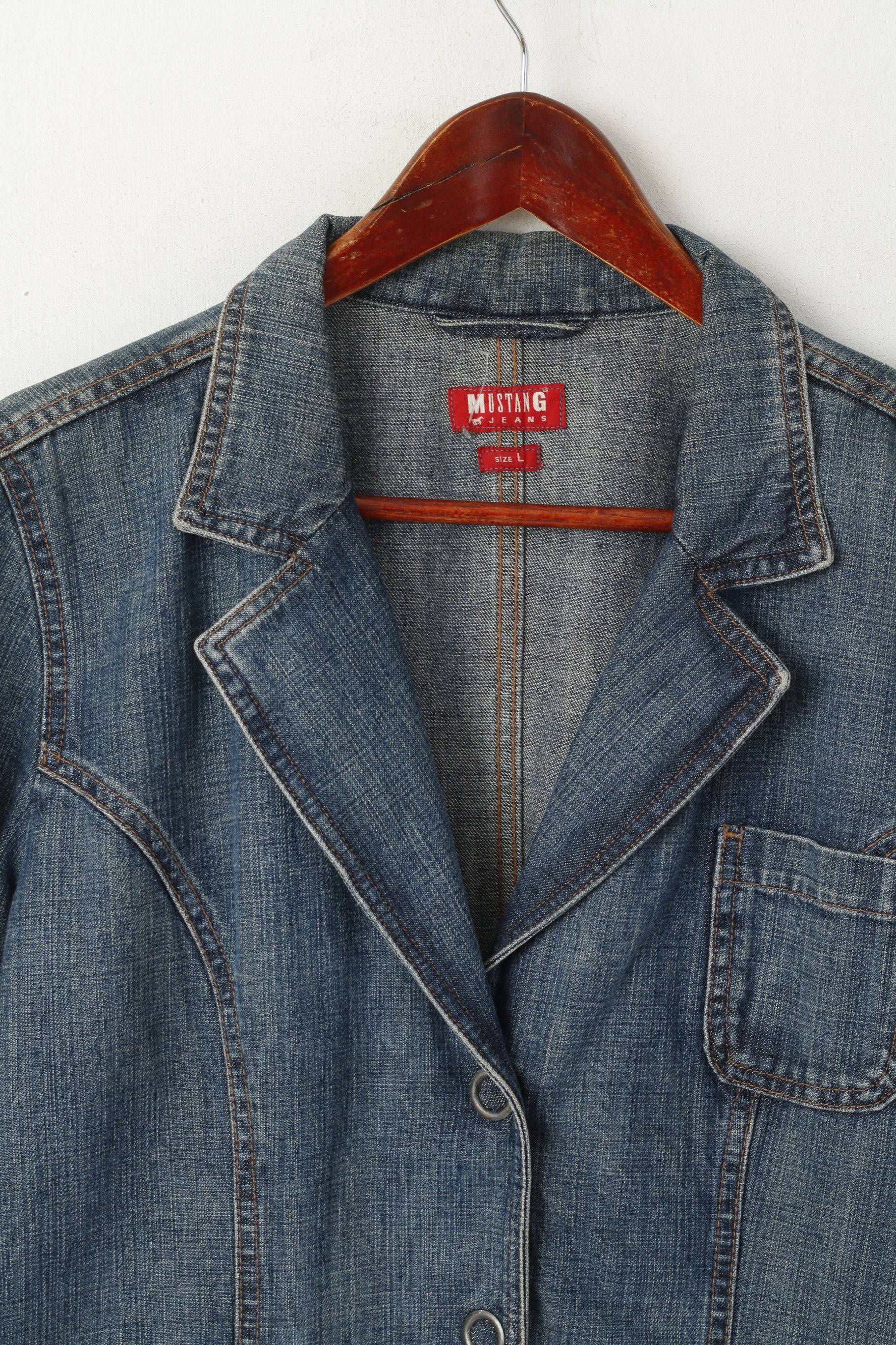 Mustang Jeans Women L Blazer Blue Vintage Denim Cotton Snap Jean Jacket - Image 2