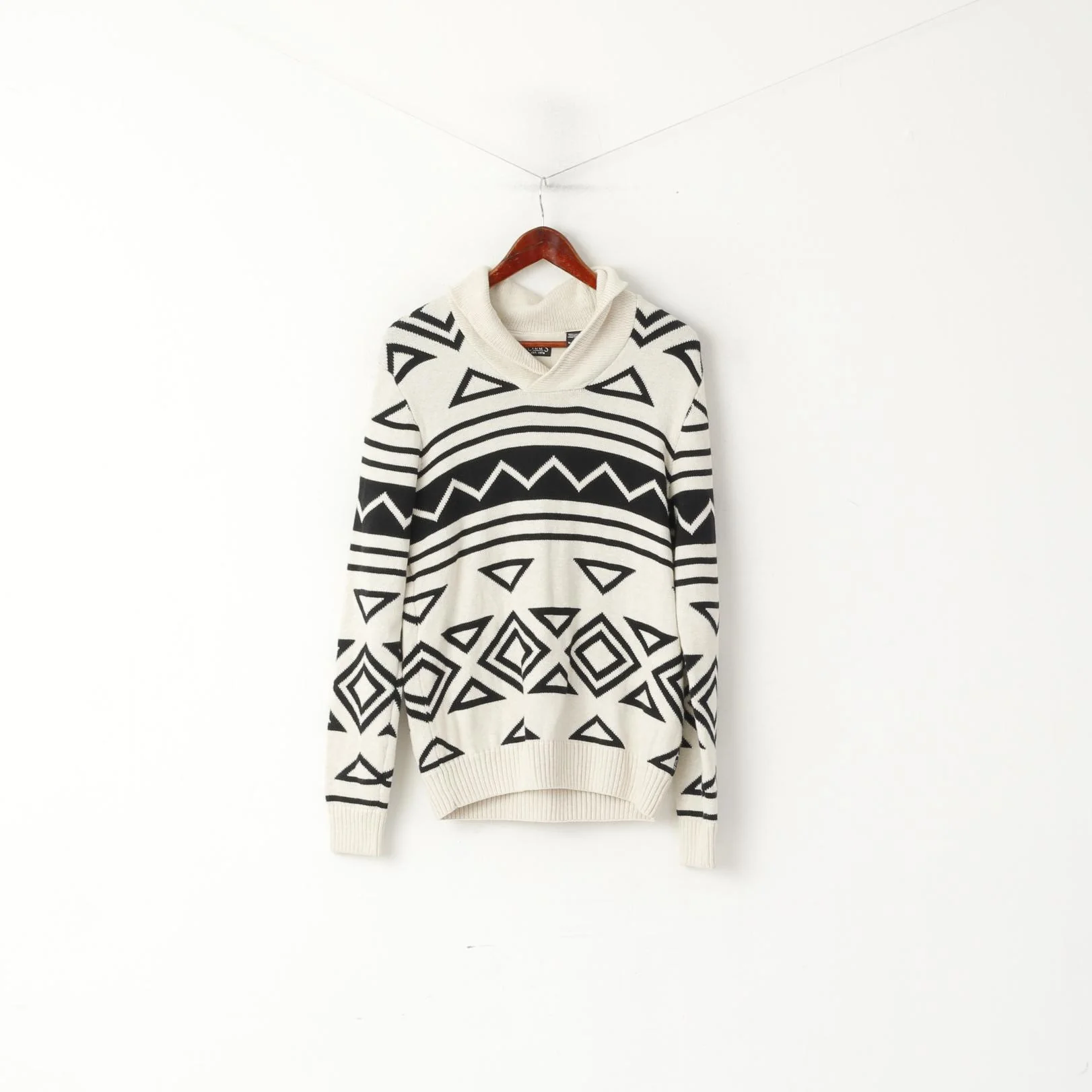 CHAPS Men S Jumper Cream Cotton Aztec Print Shawl Collar Classic Vintage Sweater