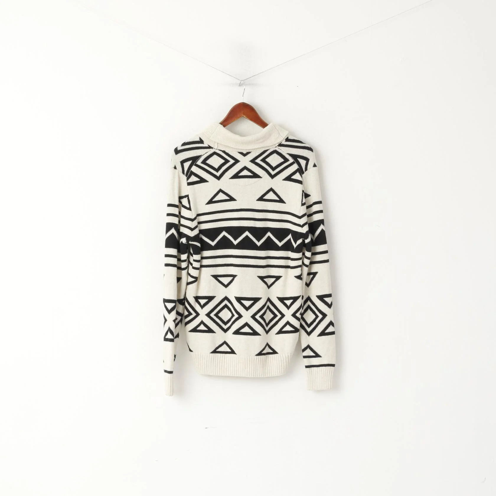 CHAPS Men S Jumper Cream Cotton Aztec Print Shawl Collar Classic Vintage Sweater - Image 6