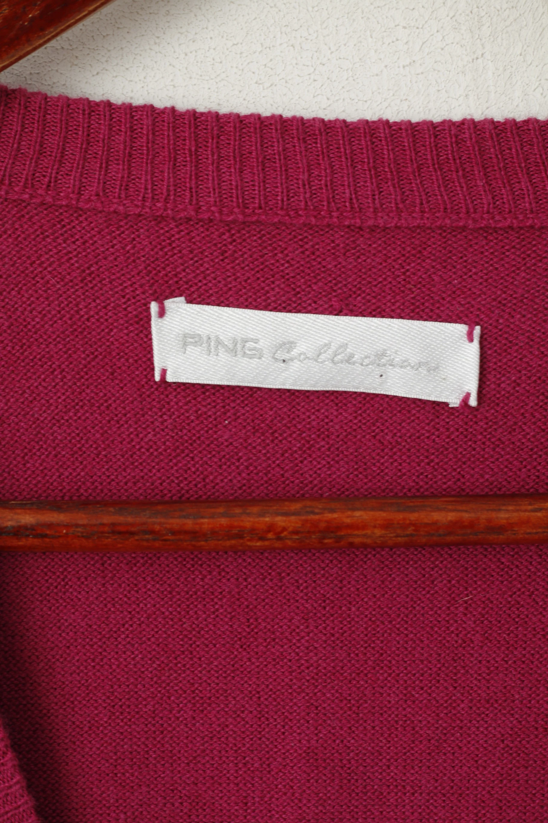 Ping Collection Women 12 L Jumper Fuchsia Cotton Golf Sport Diamont V Neck Sweater - Image 4