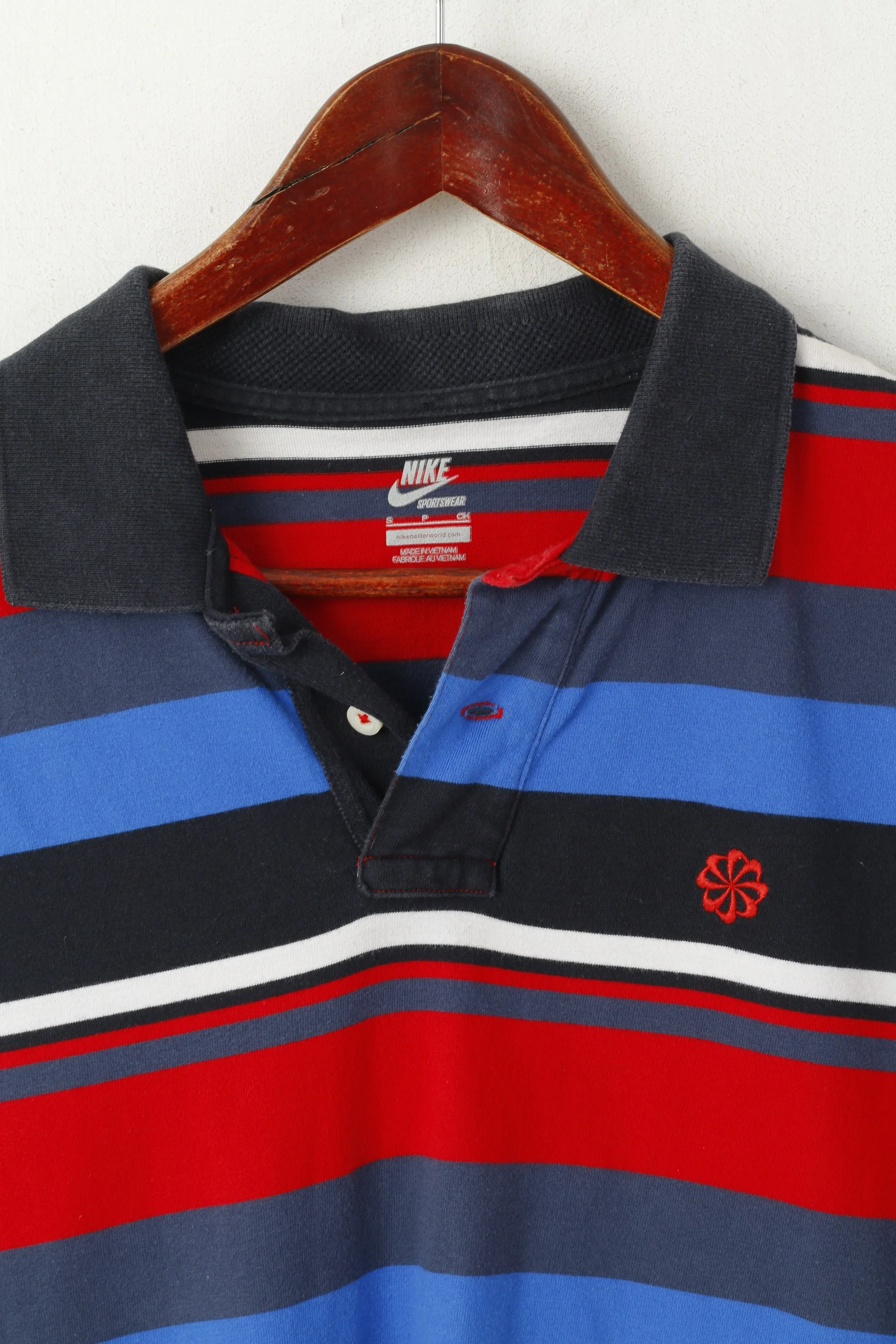 Nike Men S Polo Shirt Blue Red Striped Cotton Sportswear Slim Fit Classic Top - Image 2