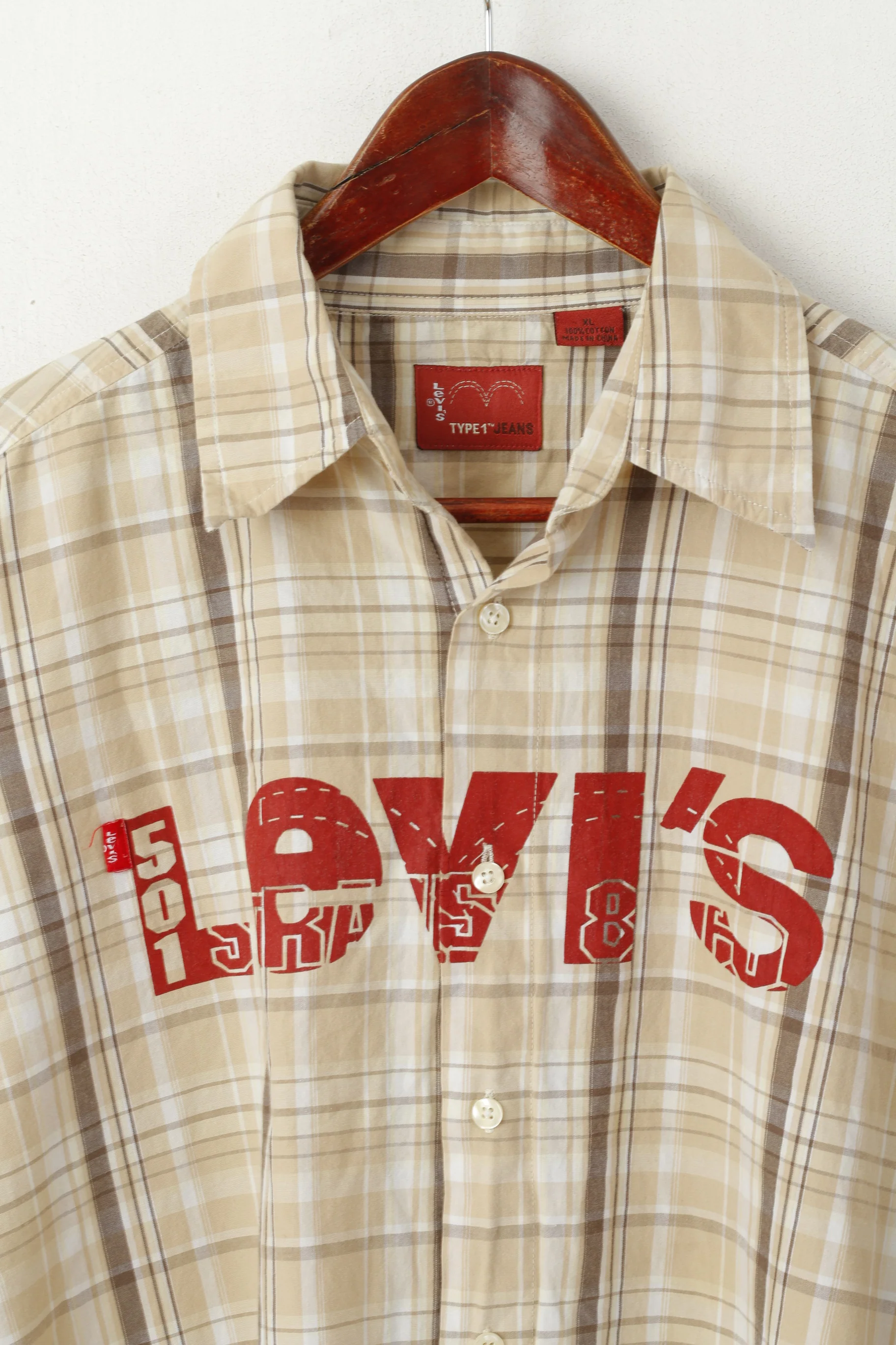 Levi's Type 1 Men XL Casual Shirt Brown Check Cotton Short Sleeve Logo Top - Image 2