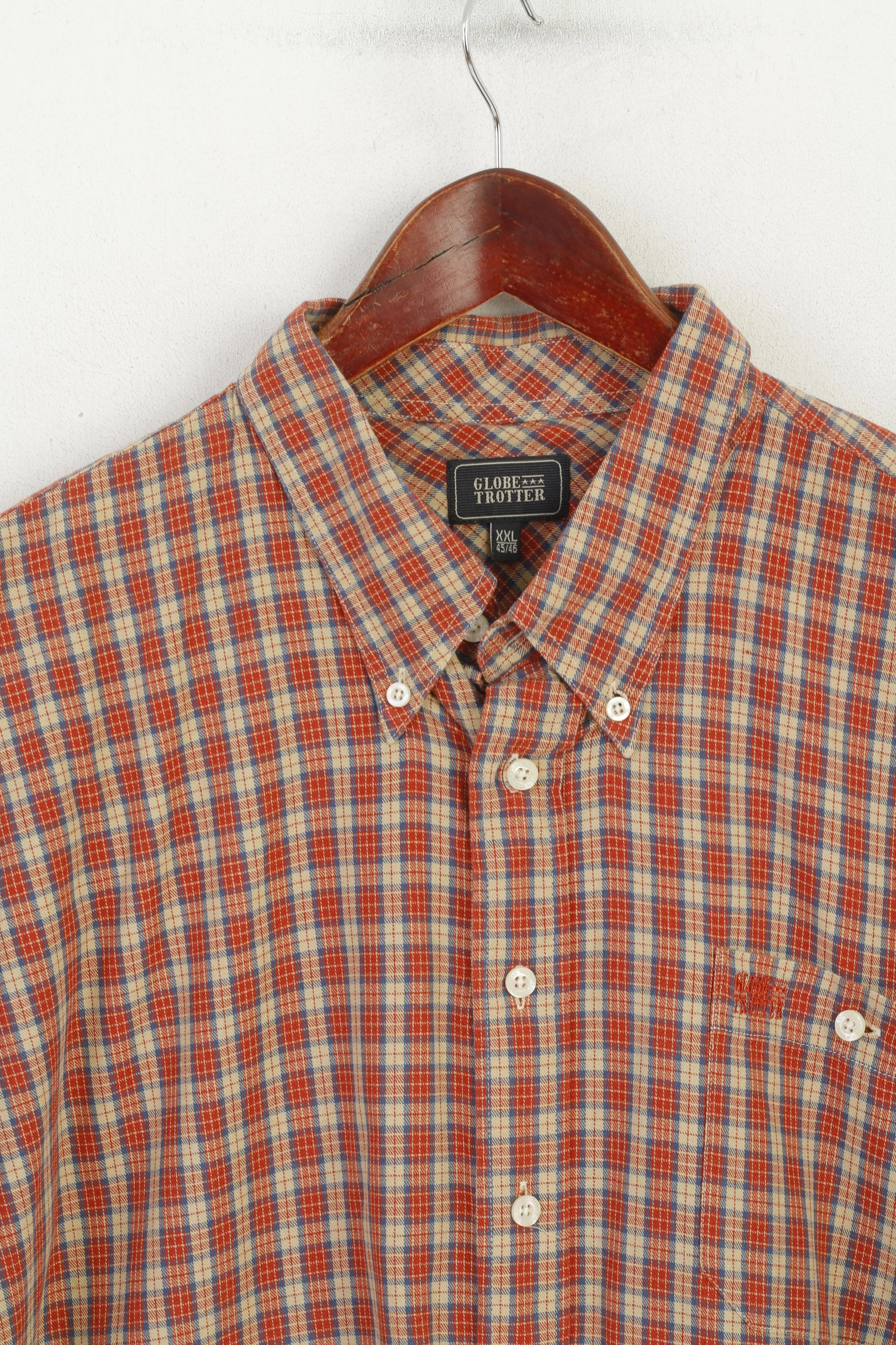 Globe Trotter Men XXL Casual Shirt Beige Red Check Vintage Cotton Long Sleeve Top - Image 2
