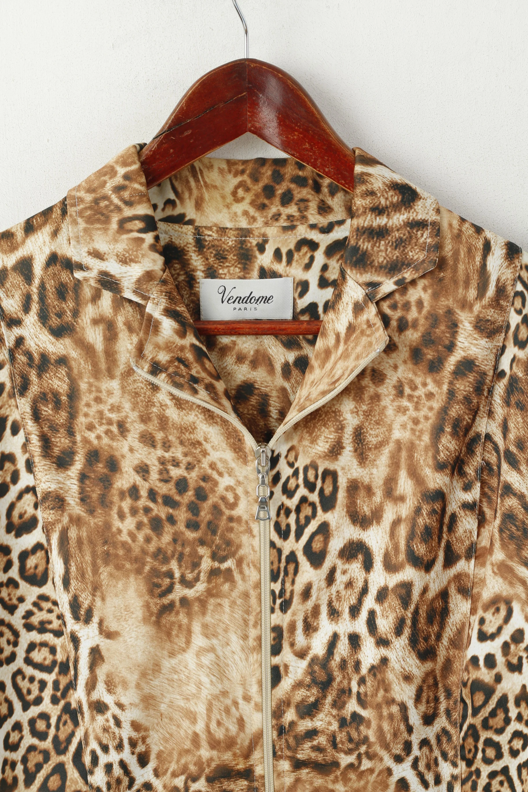 Vendome Paris Women 40 M Jacket Brown Cheetah Shoulder Pads Full Zip Vintage Top - Image 2