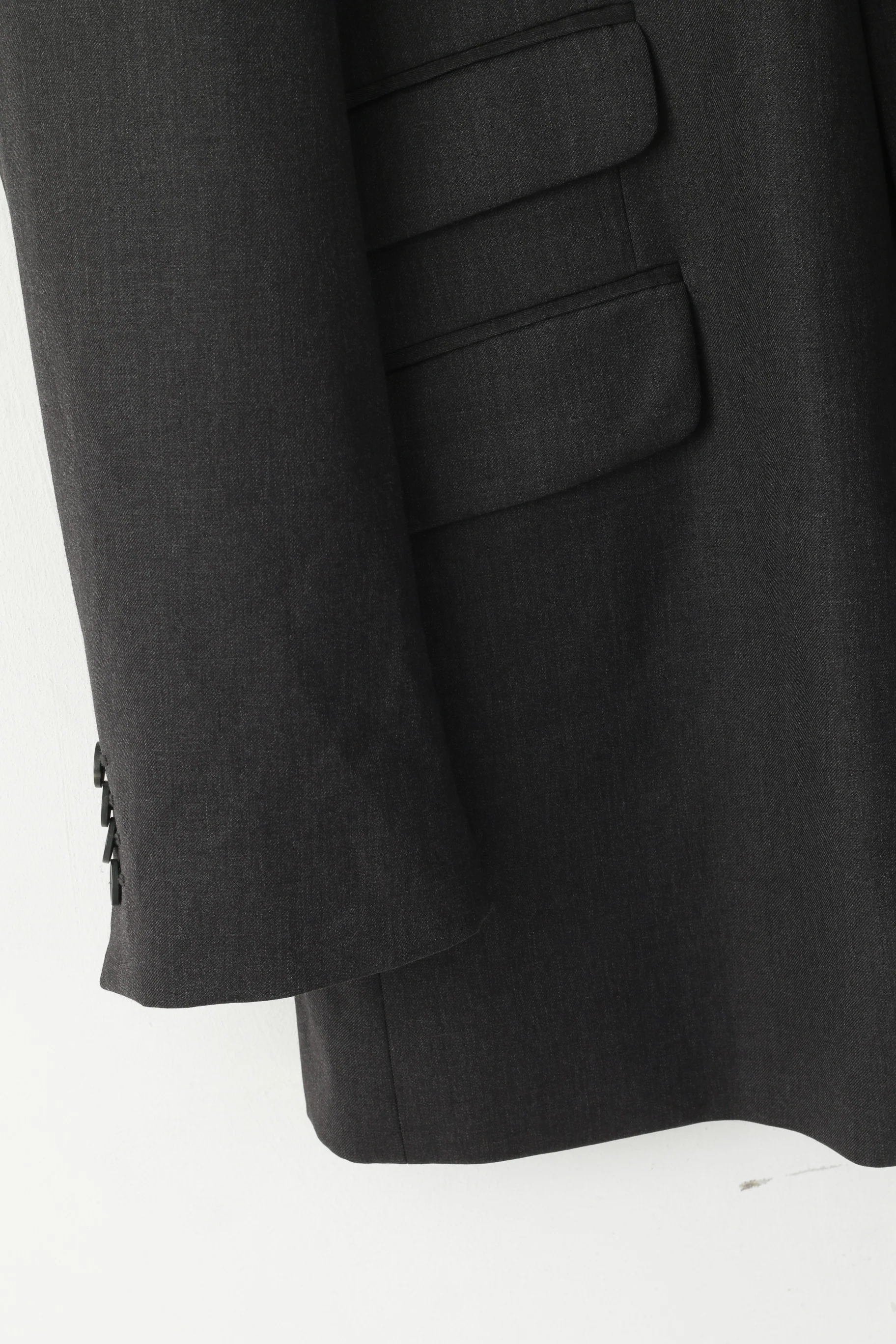 TM Lewin Men 48 58 Blazer Charcoal Wool Single Breasted Long Jacket - Image 3