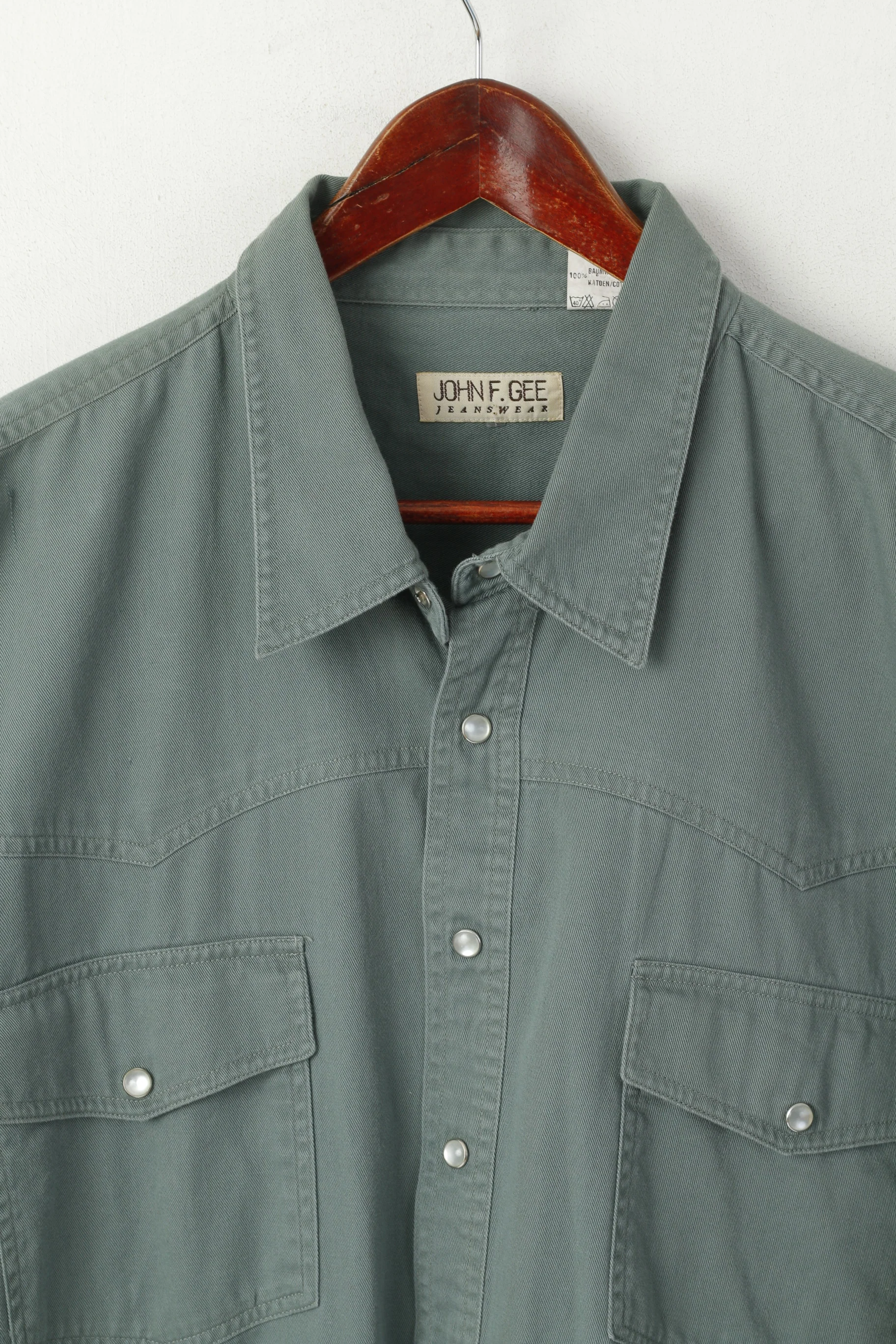 John F. Gee Jeanswear Men 49/50 3XL Casual Shirt Green Cotton Denim Oversize Top - Image 2
