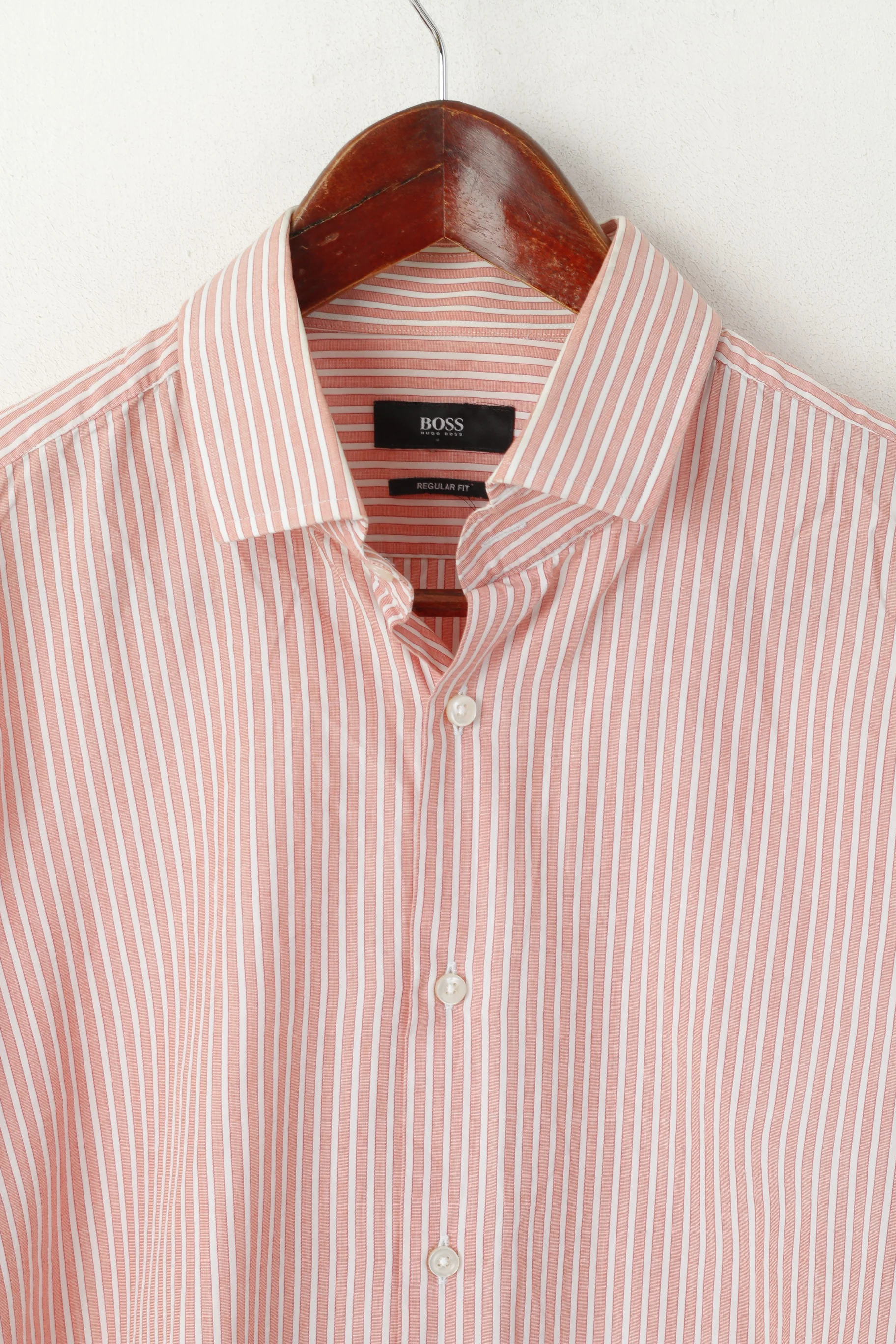 Hugo Boss Men 41 16 L Casual Shirt Peach Cotton Striped Regular Fit Long Sleeve Top - Image 2