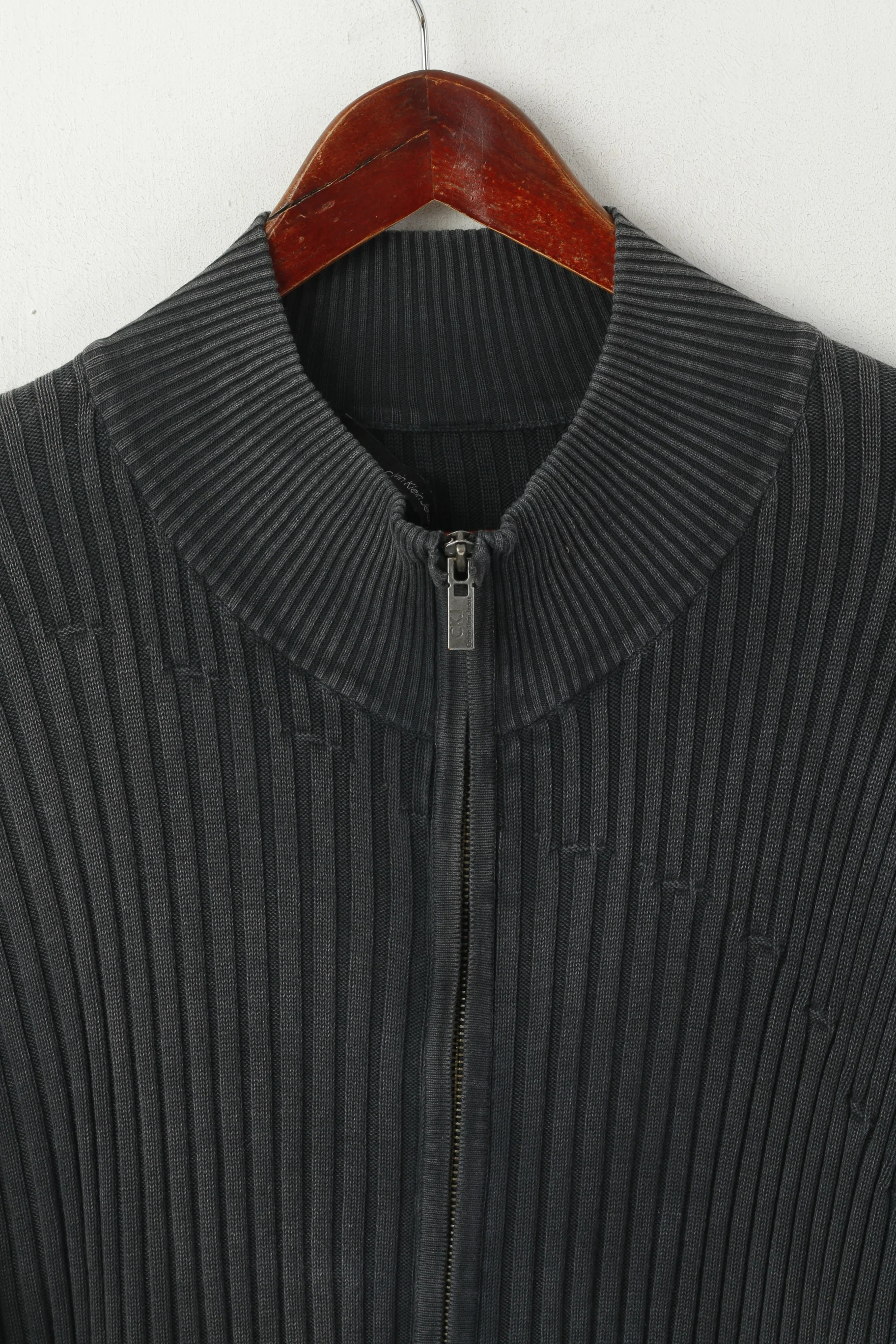 Calvin Klein Jeans Men XXL (XL) Cardigan Gray Faded Vintage Cotton Zip Up Stretch Sweater - Image 2
