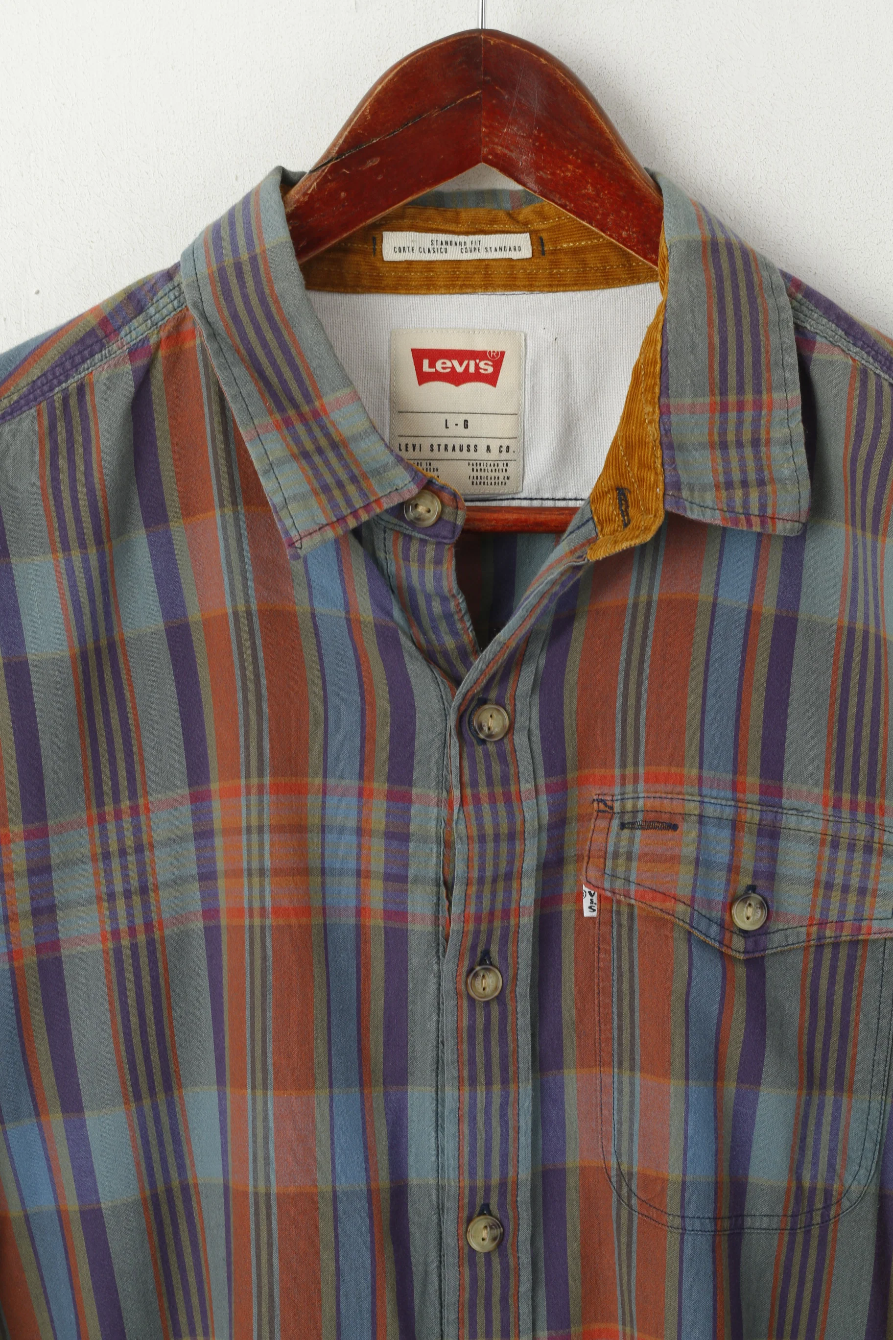 Levi's Men L Casual Shirt Brown Blue Check Cotton Standard Fit Long Sleeve Top - Image 2