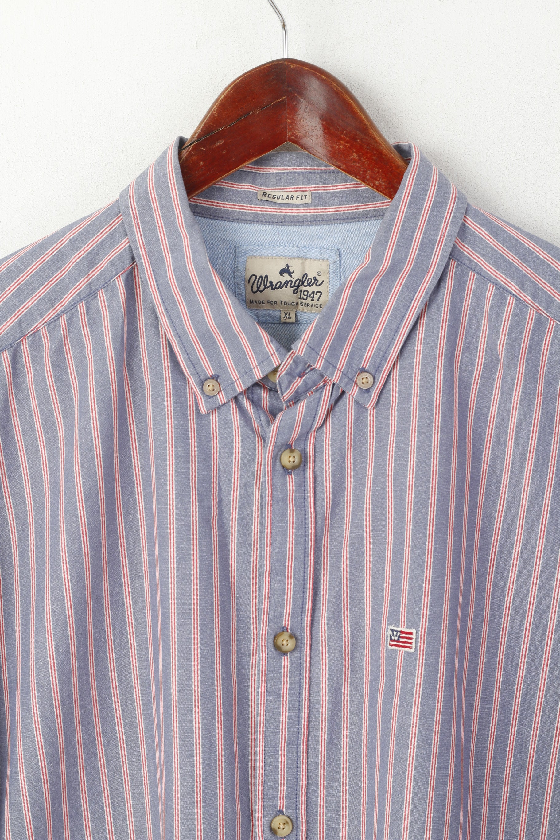 Wrangler Men XL Casual Shirt Blue Striped Cotton Regular Fit Vintage Long Sleeve Top - Image 2