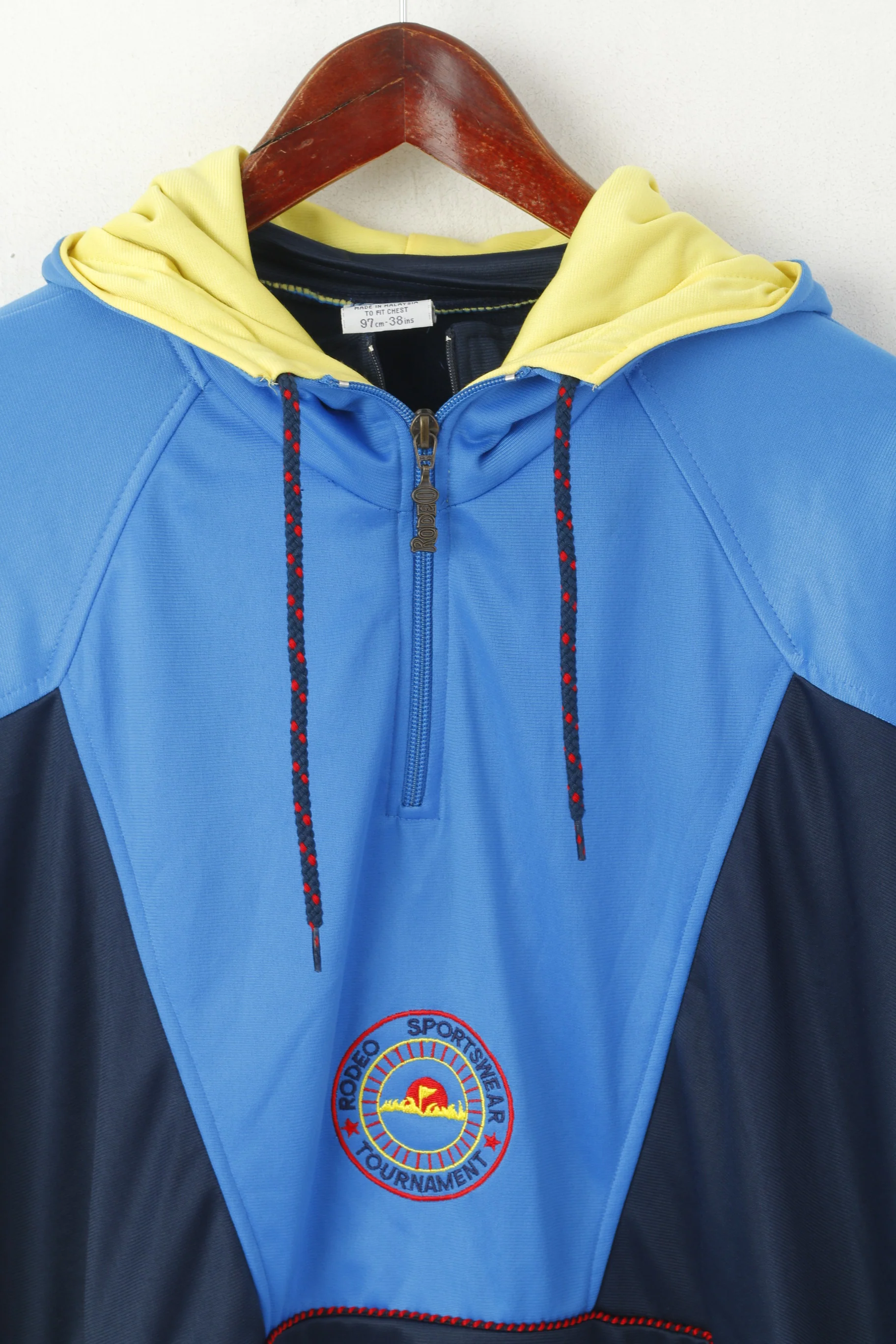 Rodeo by C&A Men 38 M Sweatshirt Blue Vintage Oversize Hooded Zip Neck Activewear Top - Image 2