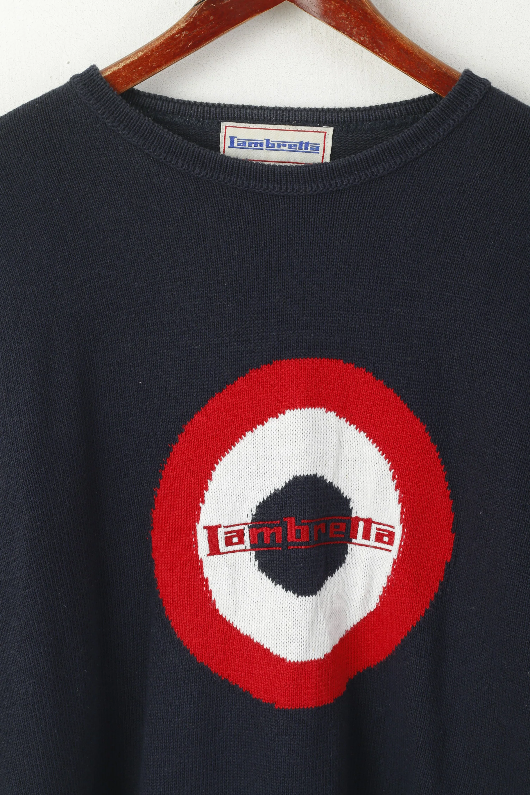 Lambretta Men XL Jumper Navy Cotton Blend Crew Neck Big Logo Sweater - Image 2