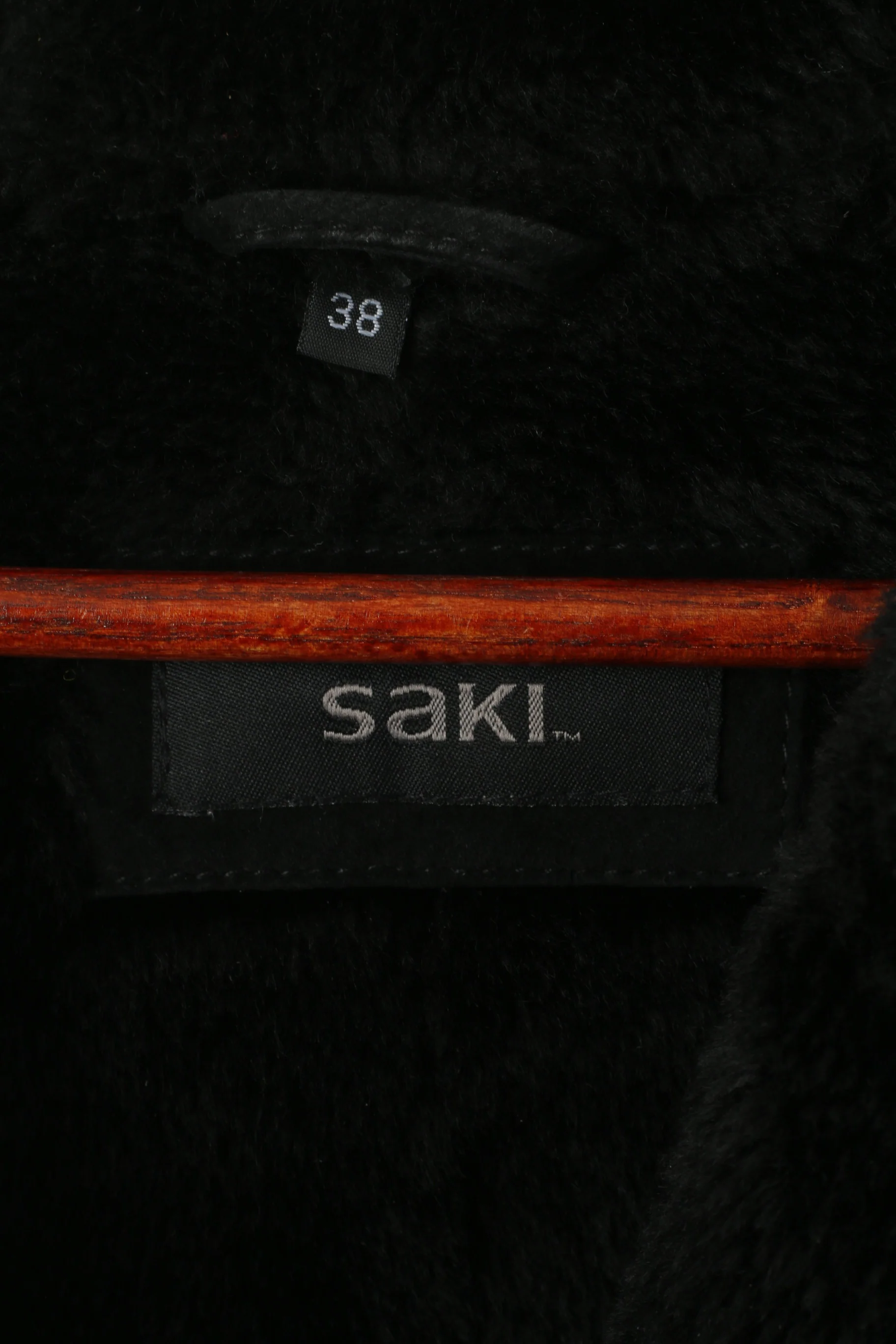 Saki Women 38 XL Coat Black Leather Hooded Acrylic Fur Lined Single Breasted Top - Image 4