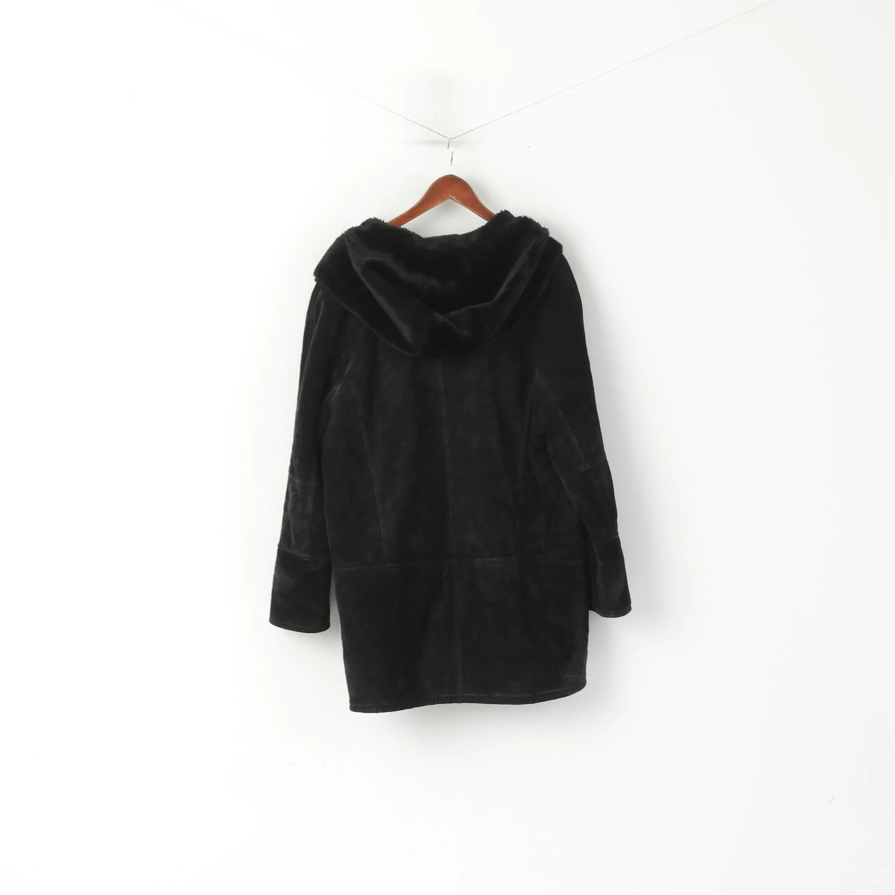 Saki Women 38 XL Coat Black Leather Hooded Acrylic Fur Lined Single Breasted Top - Image 7
