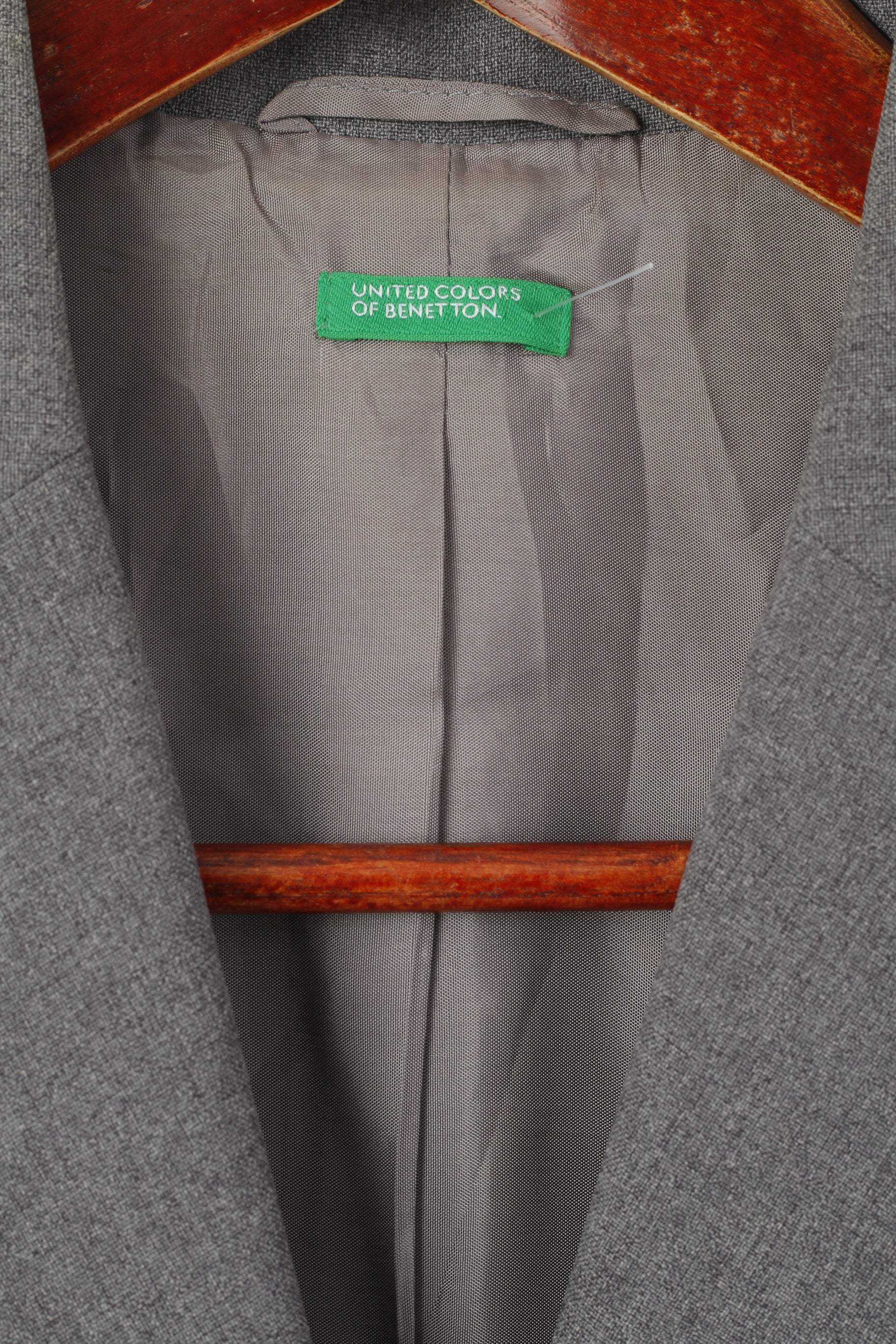 United Colors Of Benetton Women 44 M Blazer Grey Shiny Shoulder Pads Single Breasted Suit Jacket - Image 4