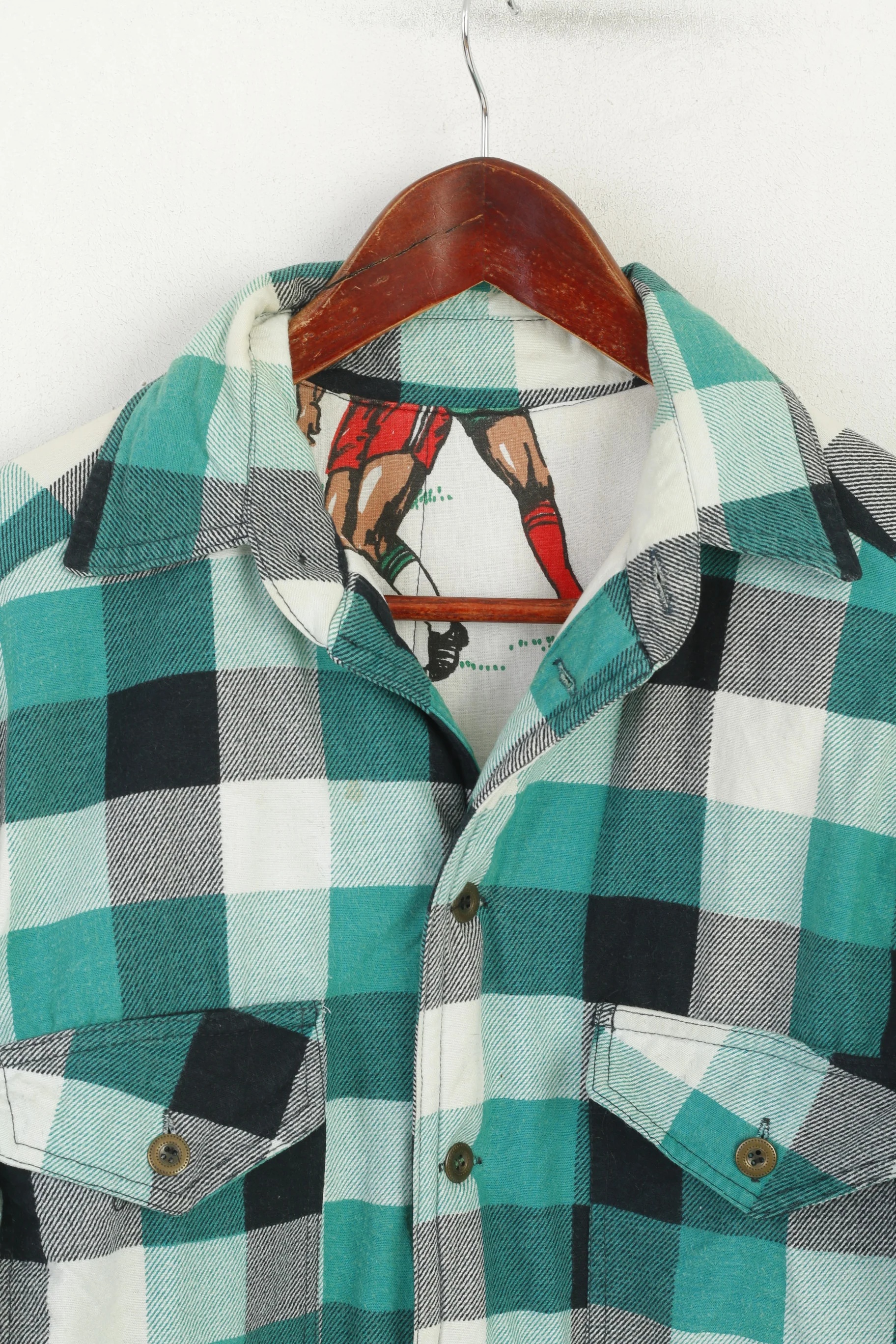 Vintage Men M Casual Shirt Green Check Padded Football Print Lined Top - Image 2