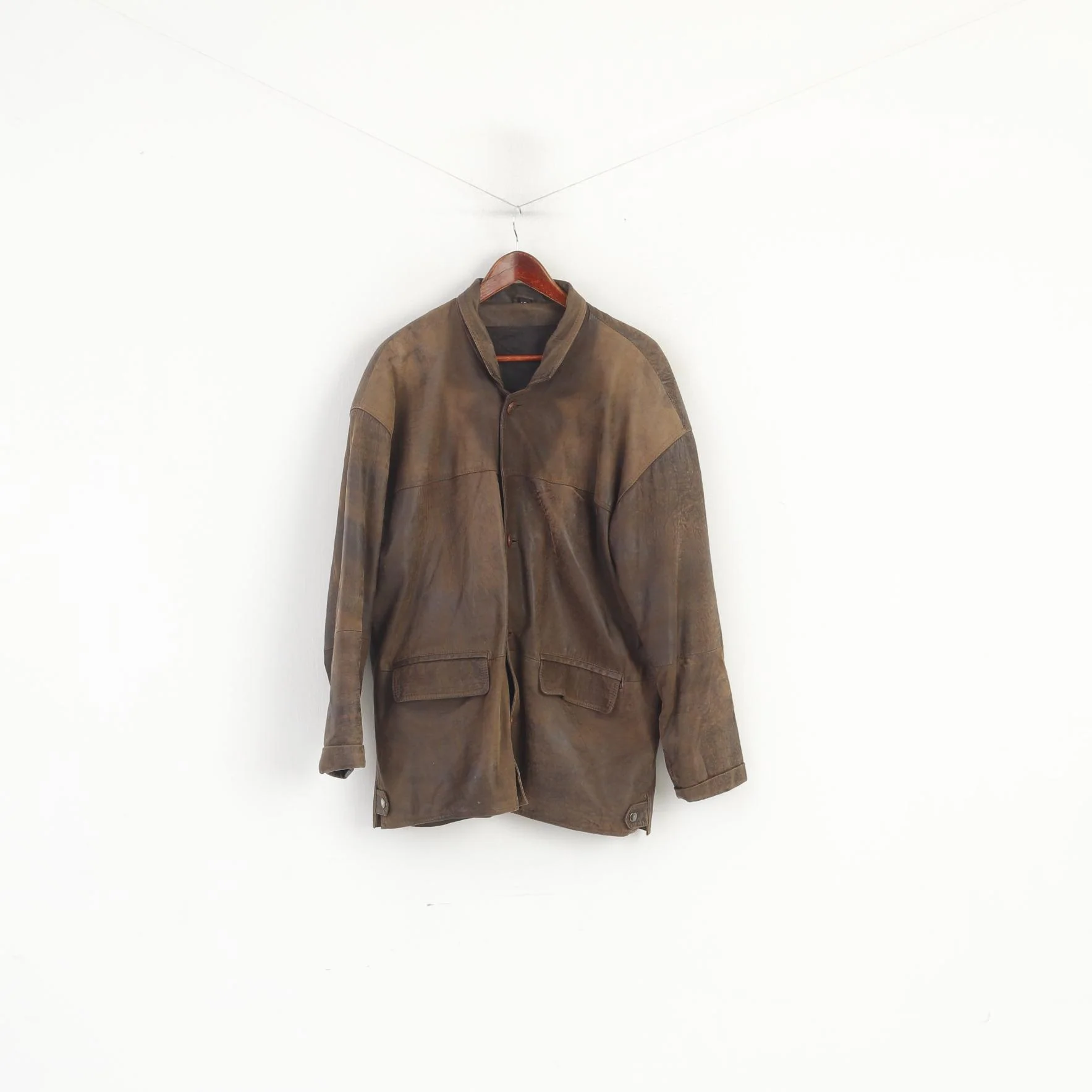 Vintage Men 50 M Leather Jacket Vintage Soft Skin Brown Shoulder Pads Oversize Top