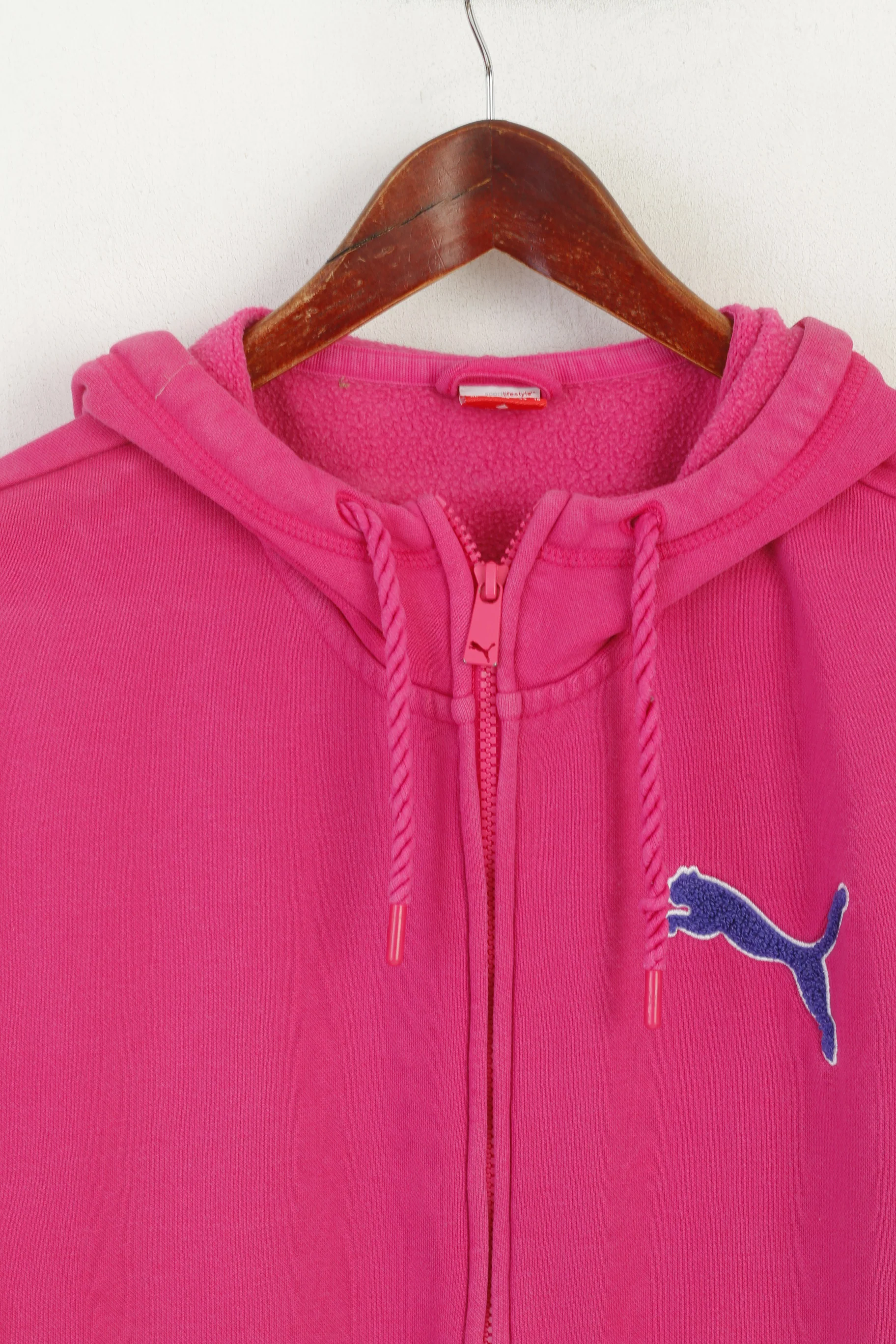 Puma Women 16 M Sweatshirt Pink Cotton Zip Up Sportswear Hooded Sport Top - Image 2