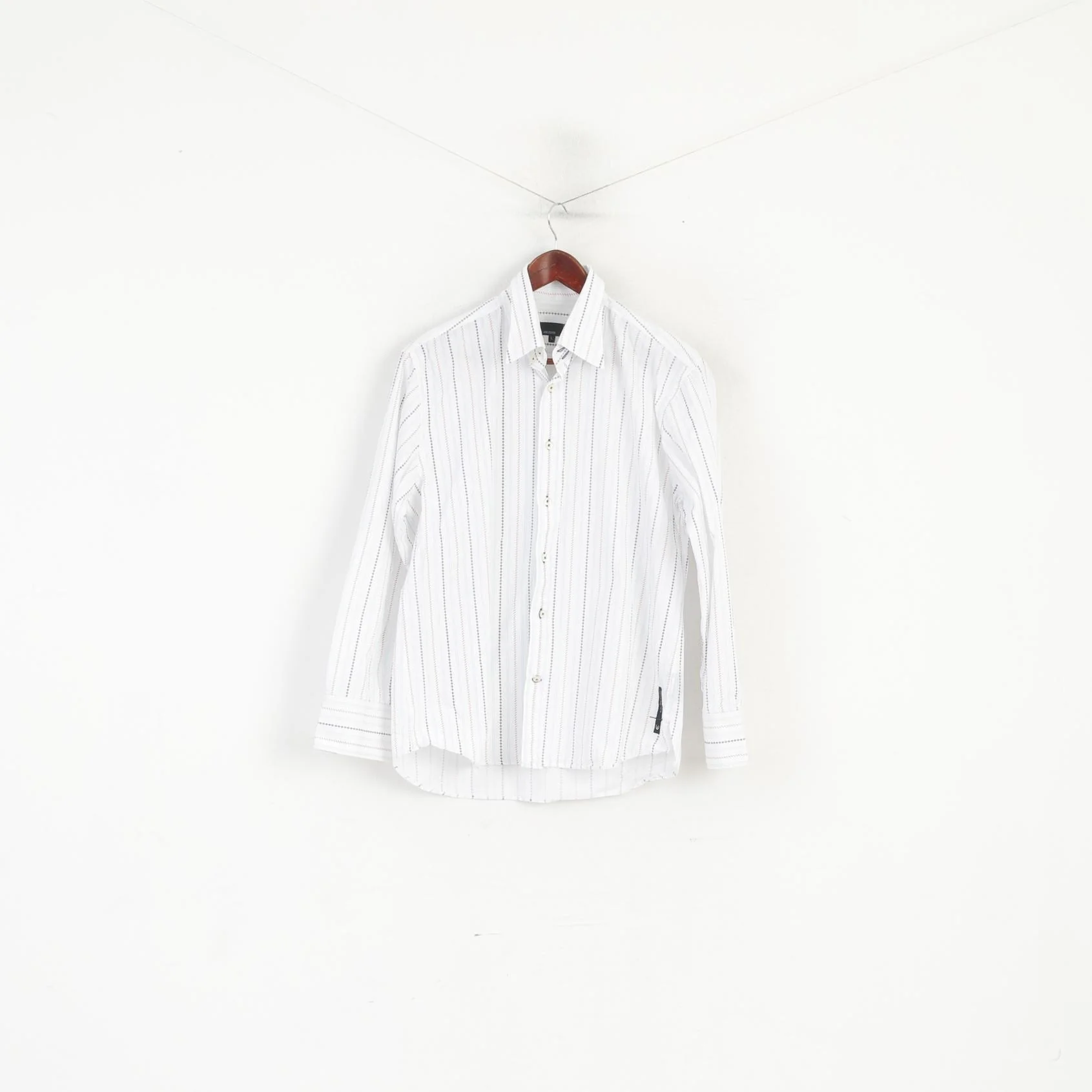 Duck and Cover Men L Casual Shirt White Striped Cotton Long Sleeve Top