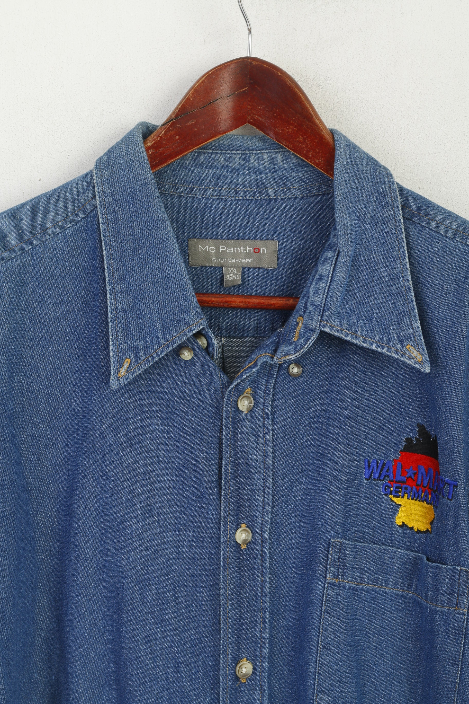 Mc Panthon Wal Mart Germany Men 2XL Casual Shirt Blue Denim Cotton Vintage 90s Top - Image 2