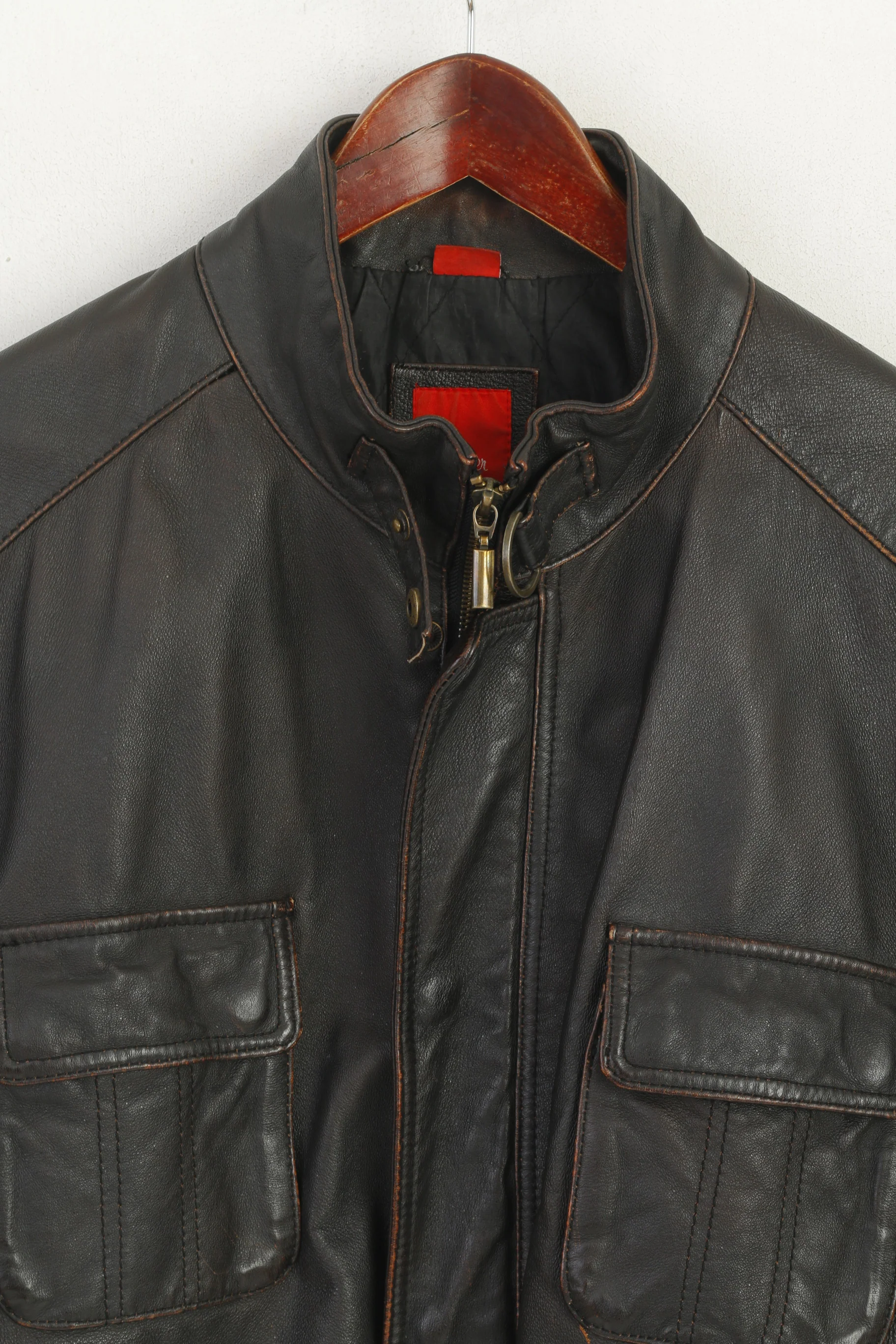 S. Oliver Men XXL Leather Jacket Dark Brown Multi Pockets Full Zipper Classic Top - Image 2