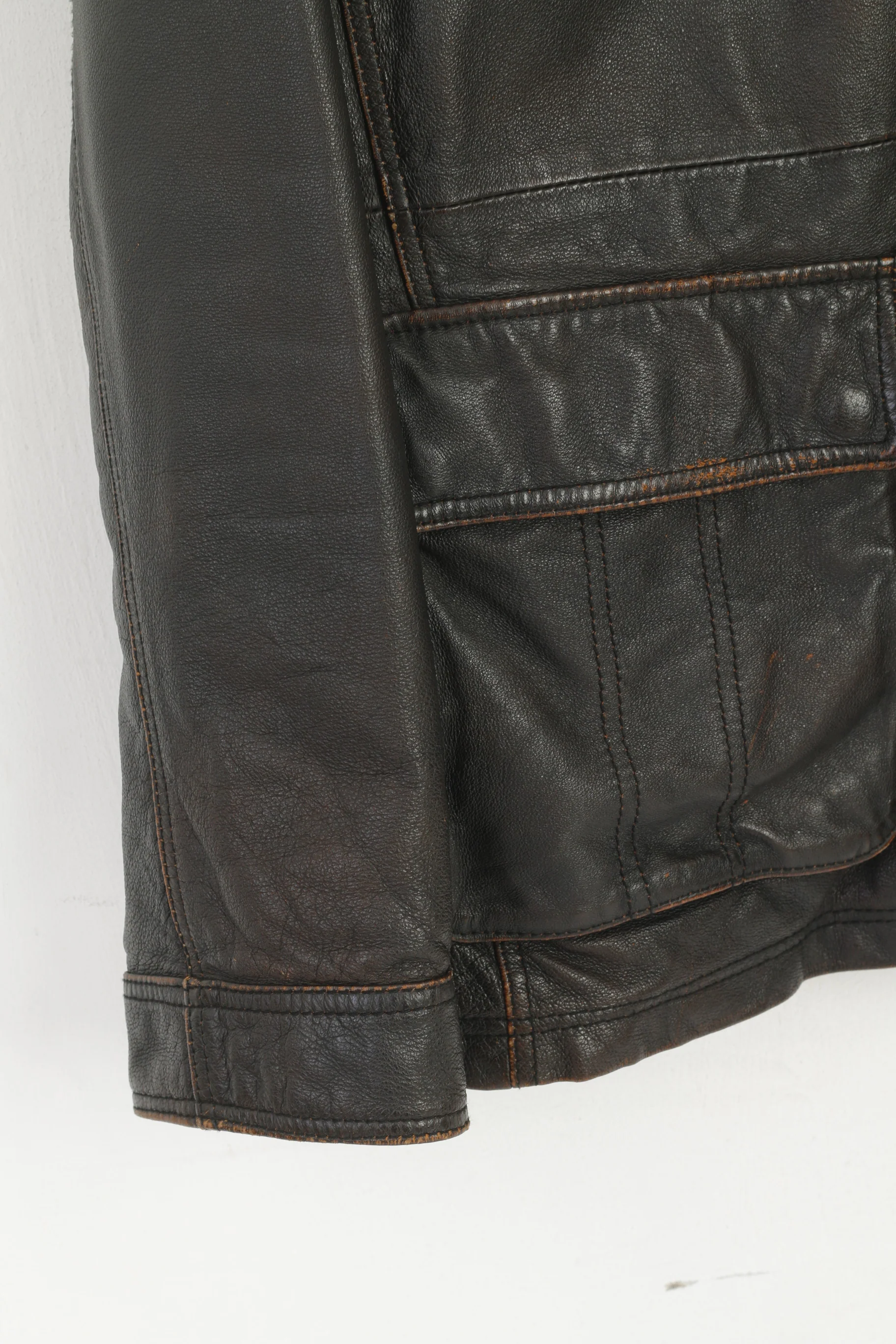 S. Oliver Men XXL Leather Jacket Dark Brown Multi Pockets Full Zipper Classic Top - Image 3