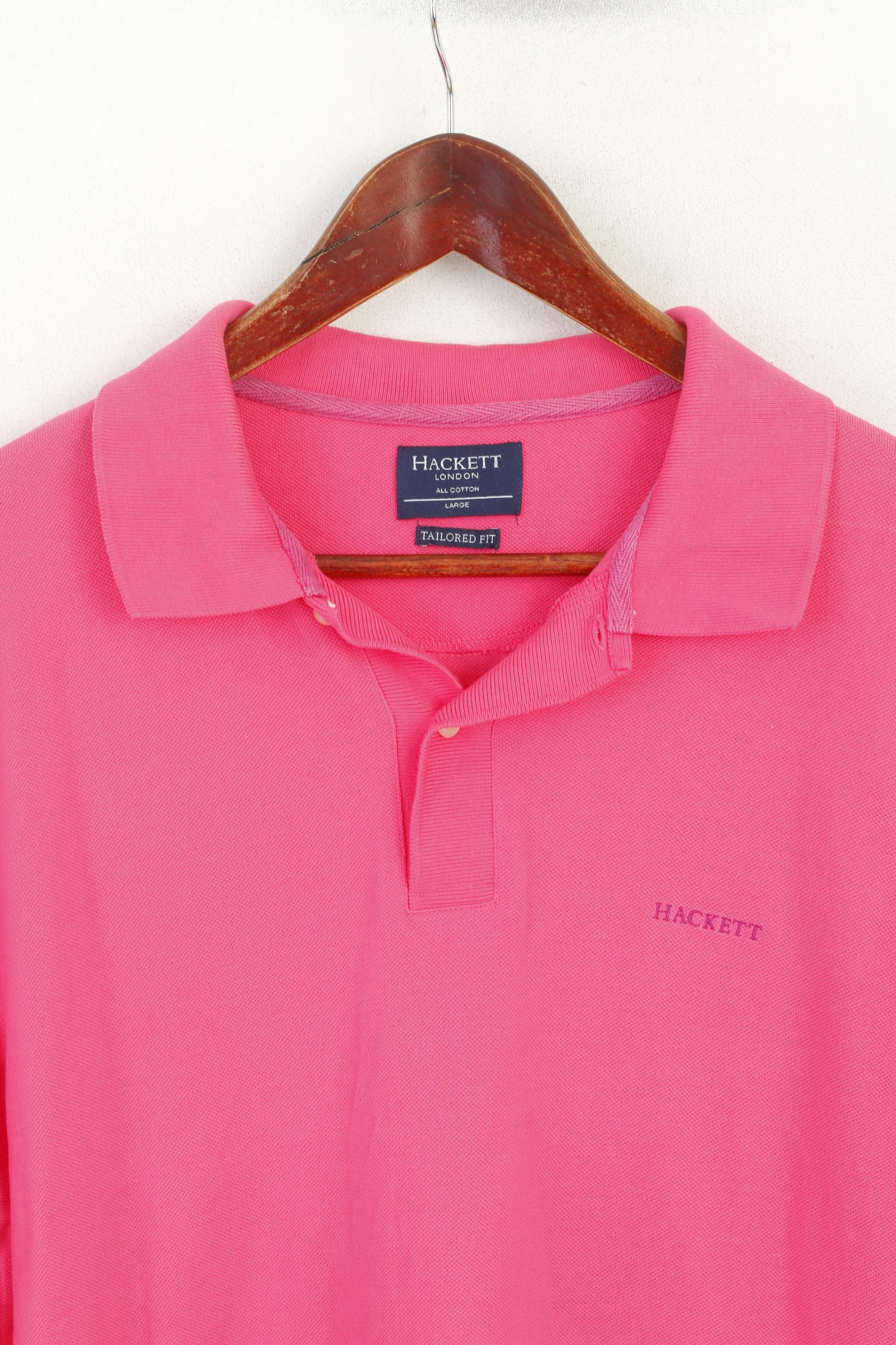 Hackett London Men L Polo Shirt Pink Stretch Cotton Detailed Buttons Long Sleeve Top - Image 2