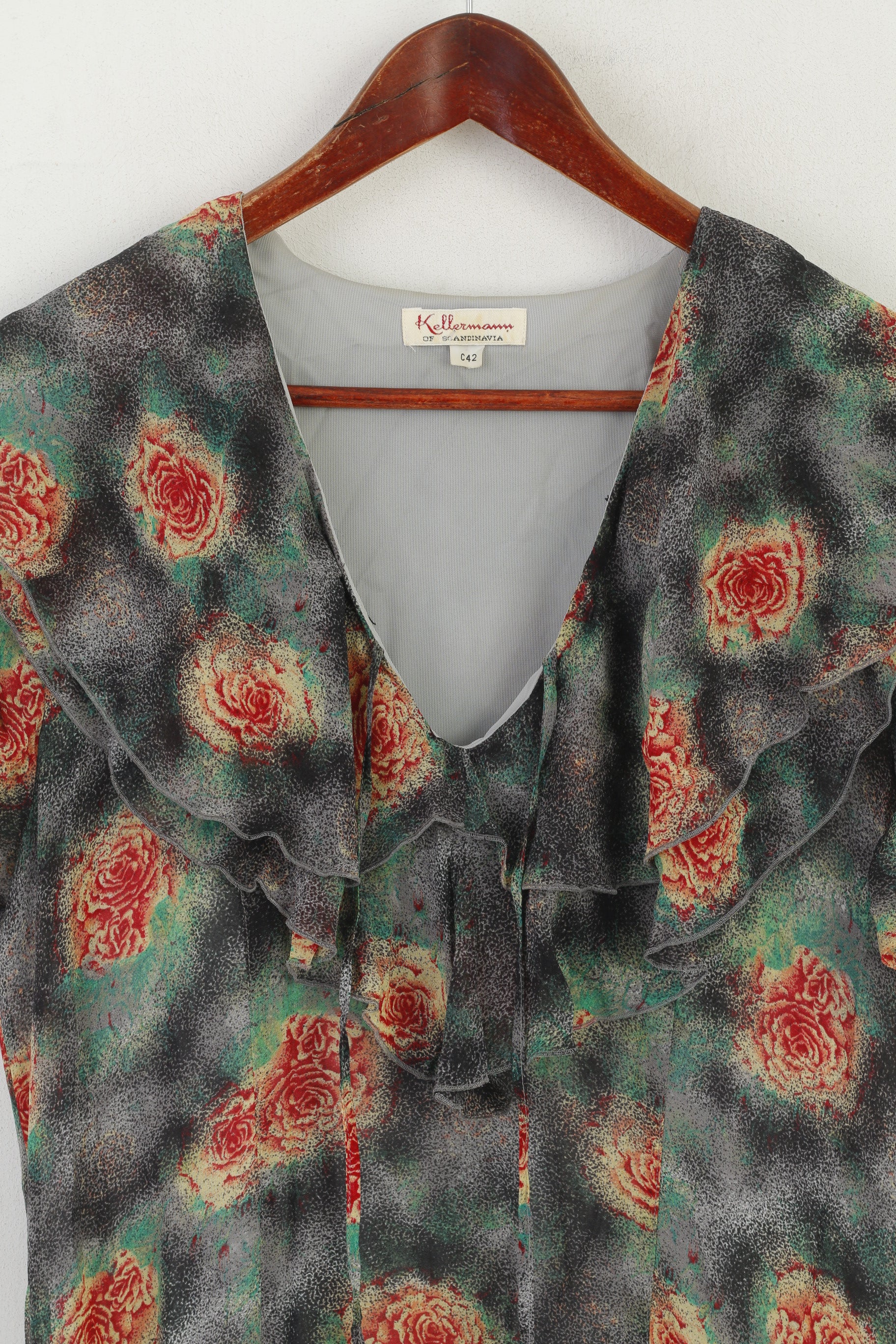 Kellermann Of Scandinavia Women 42 L Dress Gray Rose Print Flounce V Neck Vintage - Image 2