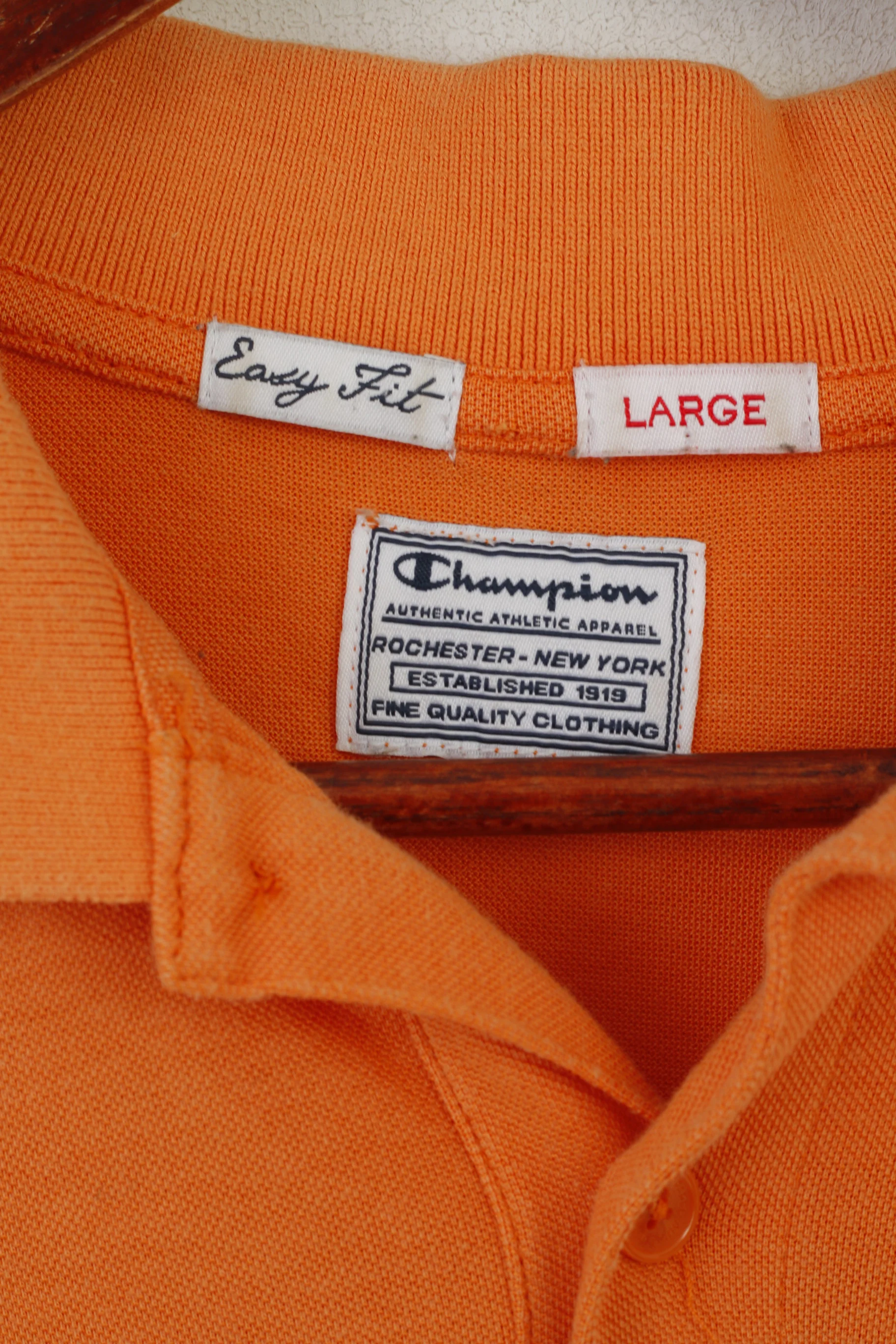 Champion Men L Polo Shirt Orange Cotton Easy Fit Vintage Plain Classic Summer Top - Image 3