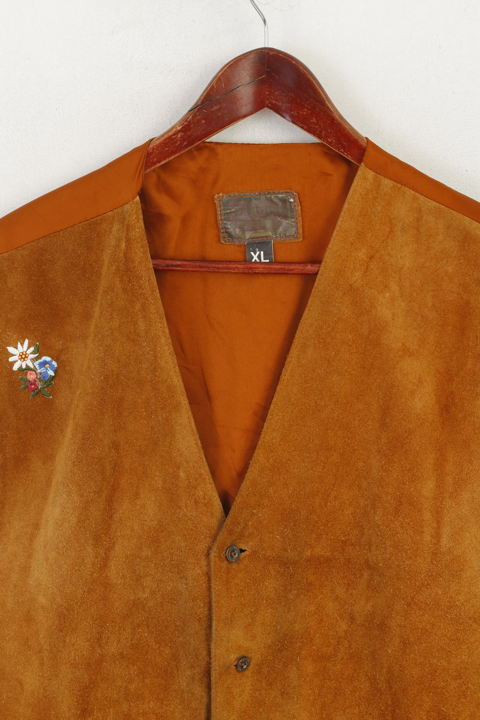Vintage Men XL Waistcoat Mustard Real Leather Country Tyrol Single Breasted Vest - Image 2