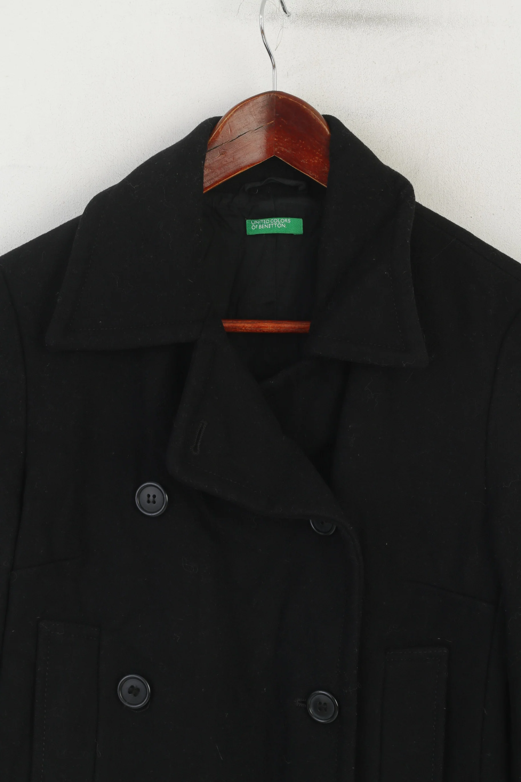 United Colors Of Benetton Women 40 S Coat Black Wool Double Breasted Vintage - Image 2