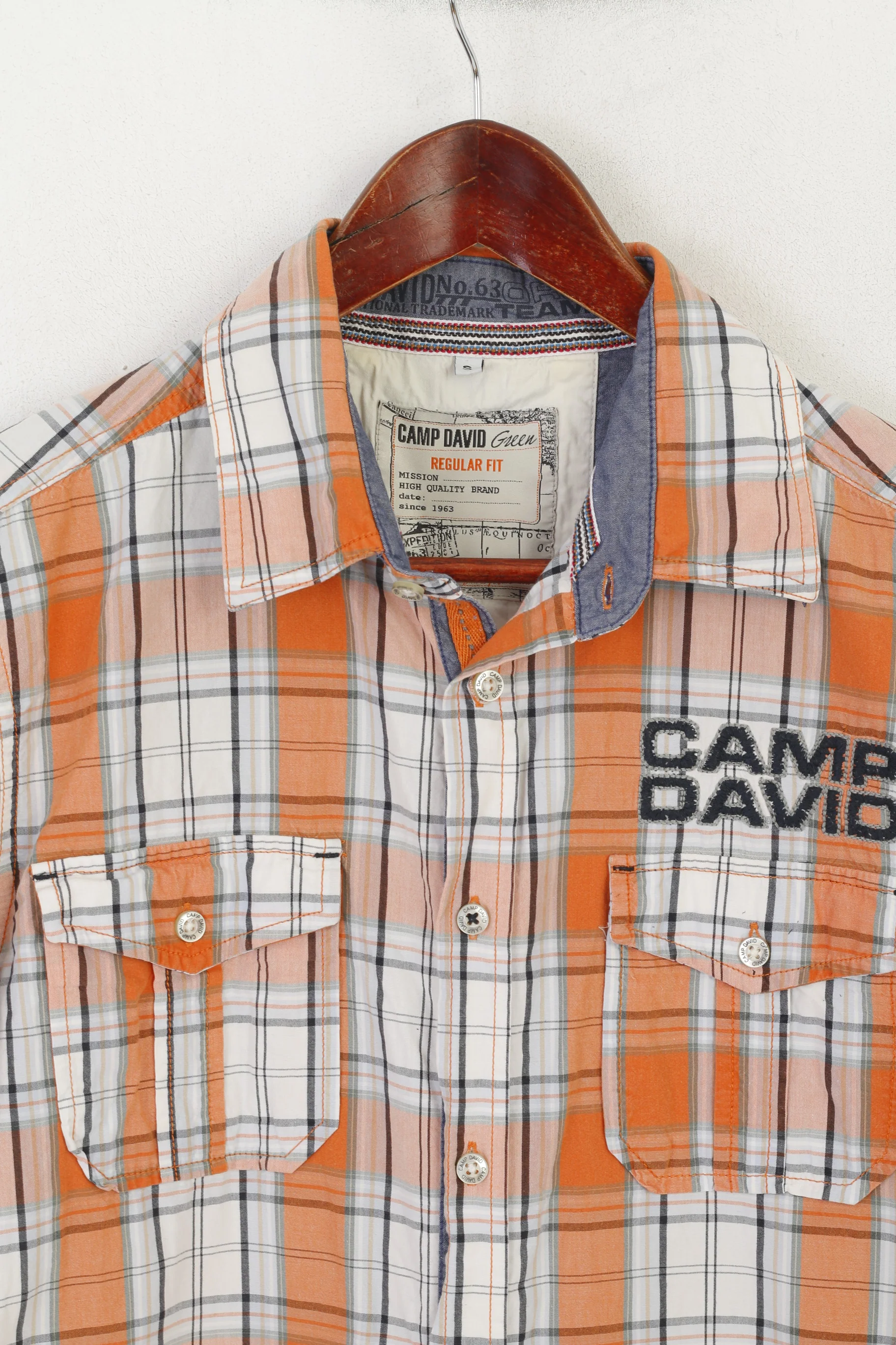 Camp David Men S Casual Shirt Orange Check Cotton Outdoor Wear Pockets Top - Image 2