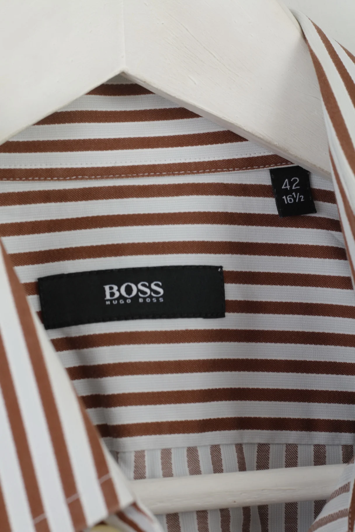 Hugo Boss Mens 42 16.5 L Casual Shirt Brown Striped Cotton Long Sleeve Regualr Top - Image 4