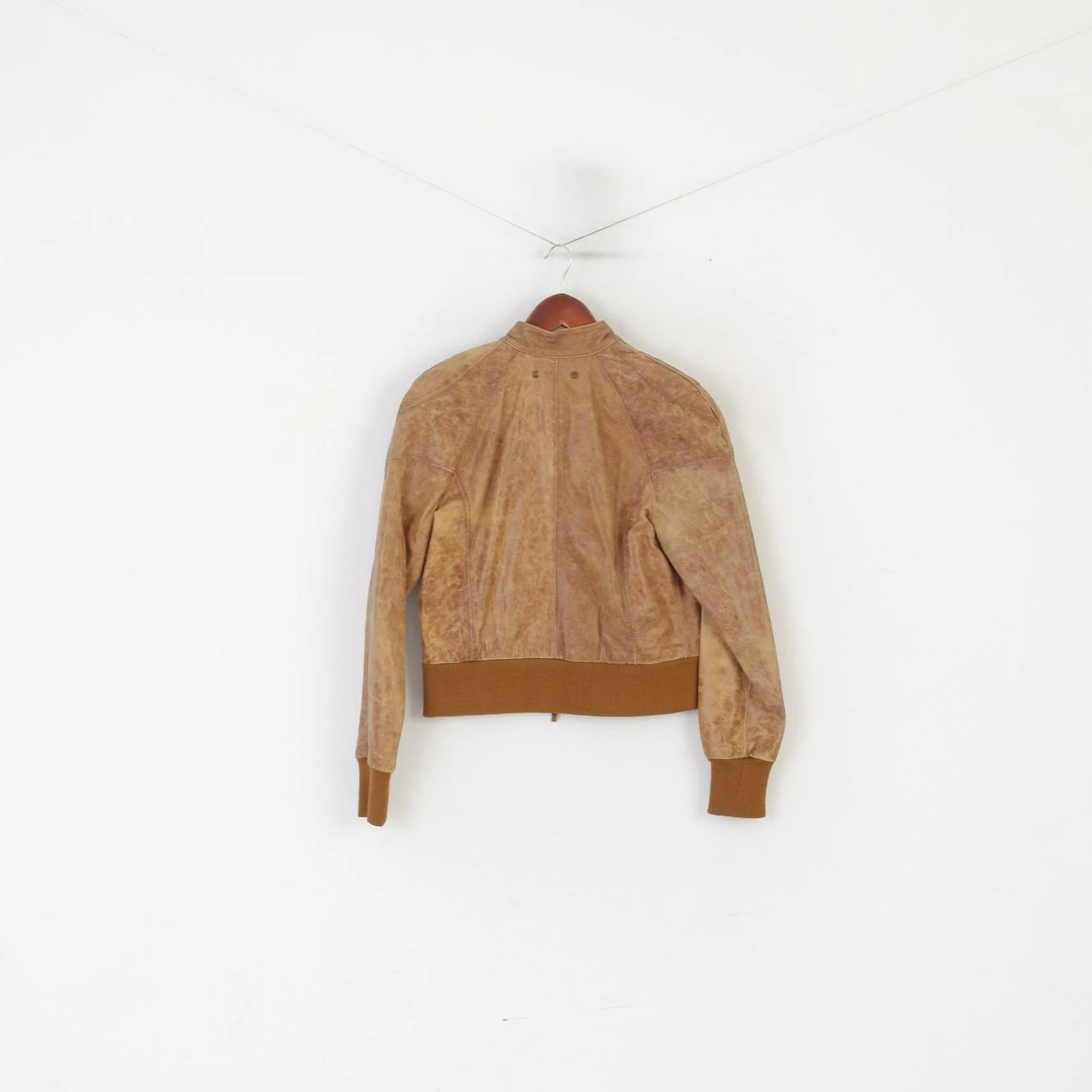 Soviet Women 10 S Jacket Camel Leather Biker Stand-Up Collar Zip Up Retro Top - Image 7