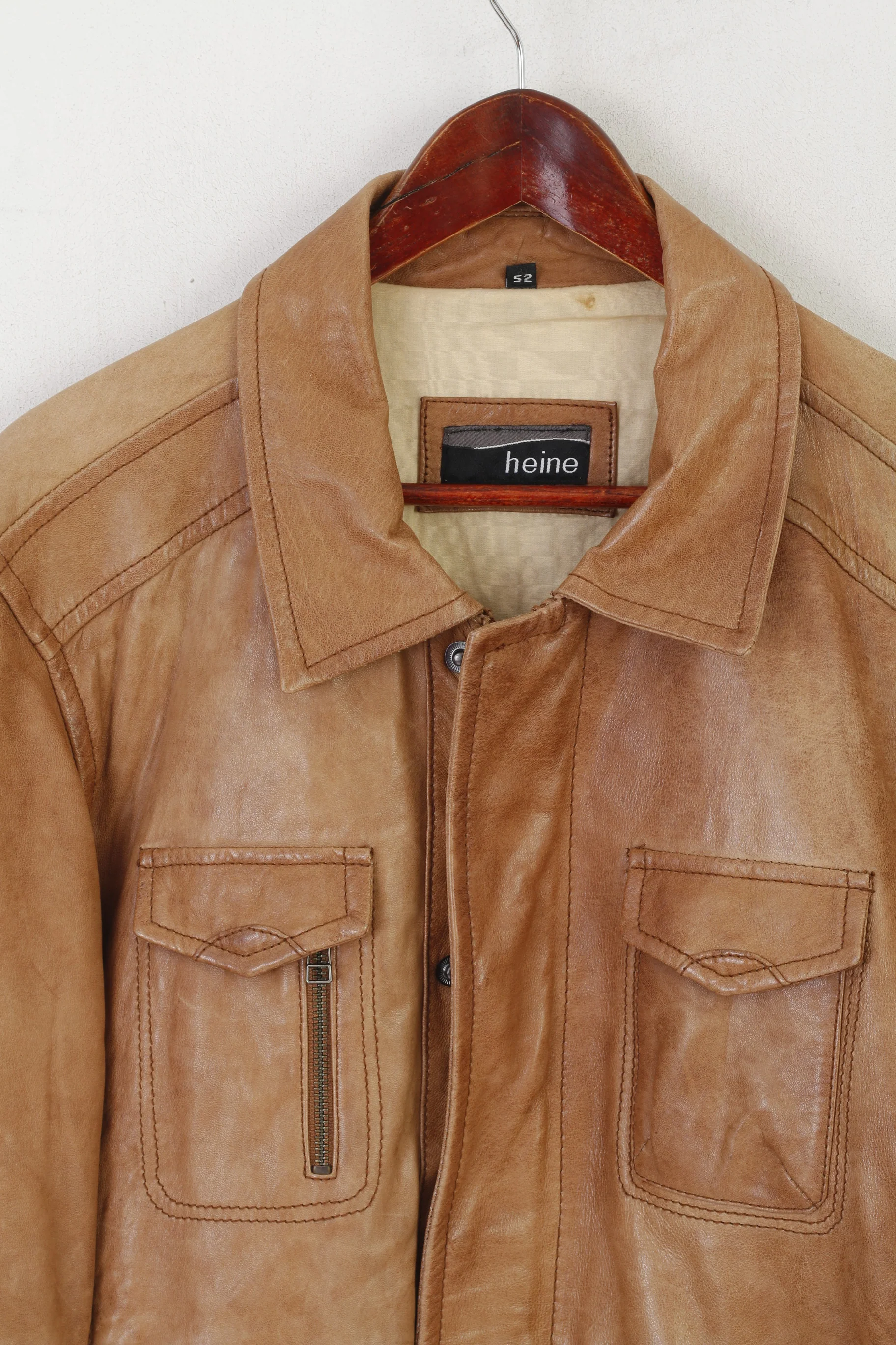 Heine Men 52 L Jacket Camel Leather Vintage Full Zipper Multi Pocket Biker Top - Image 2