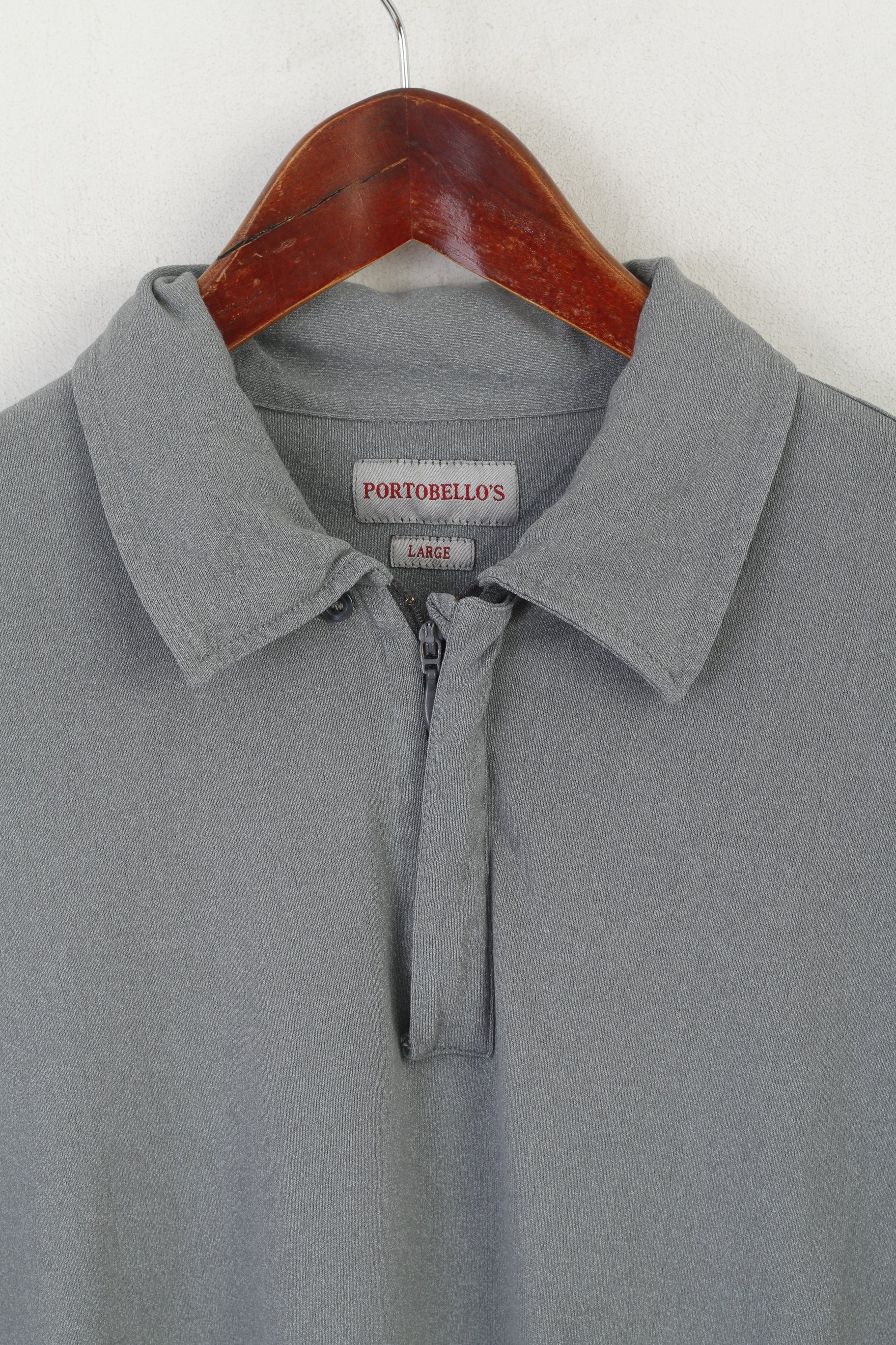 Portobello's Men L Polo Shirt Gray Vintage Plain Viscose Zip Neck Italy Top - Image 2