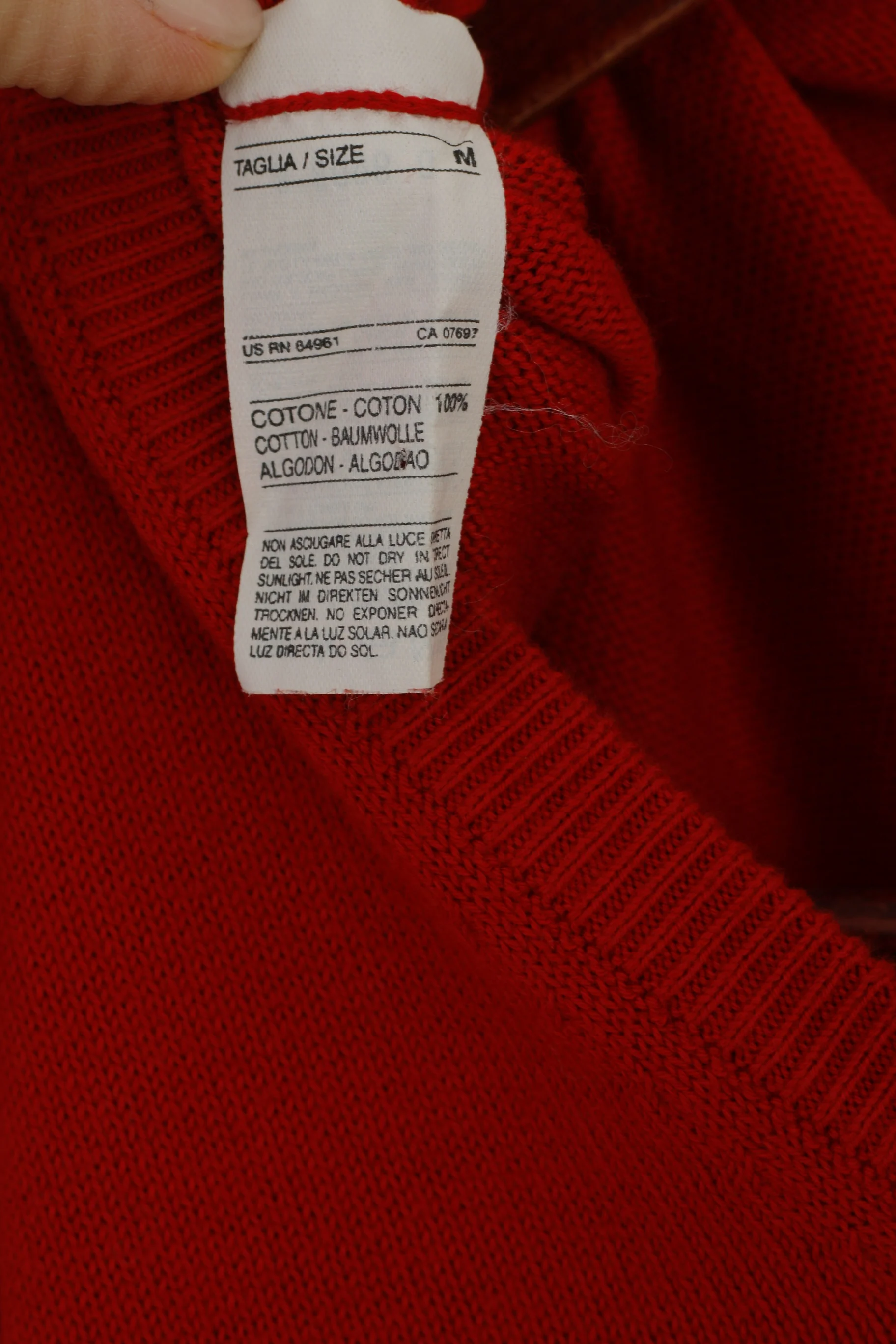 United Colors of Benetton Men M Jumper Red Cotton V Neck Classic Sweater - Image 5