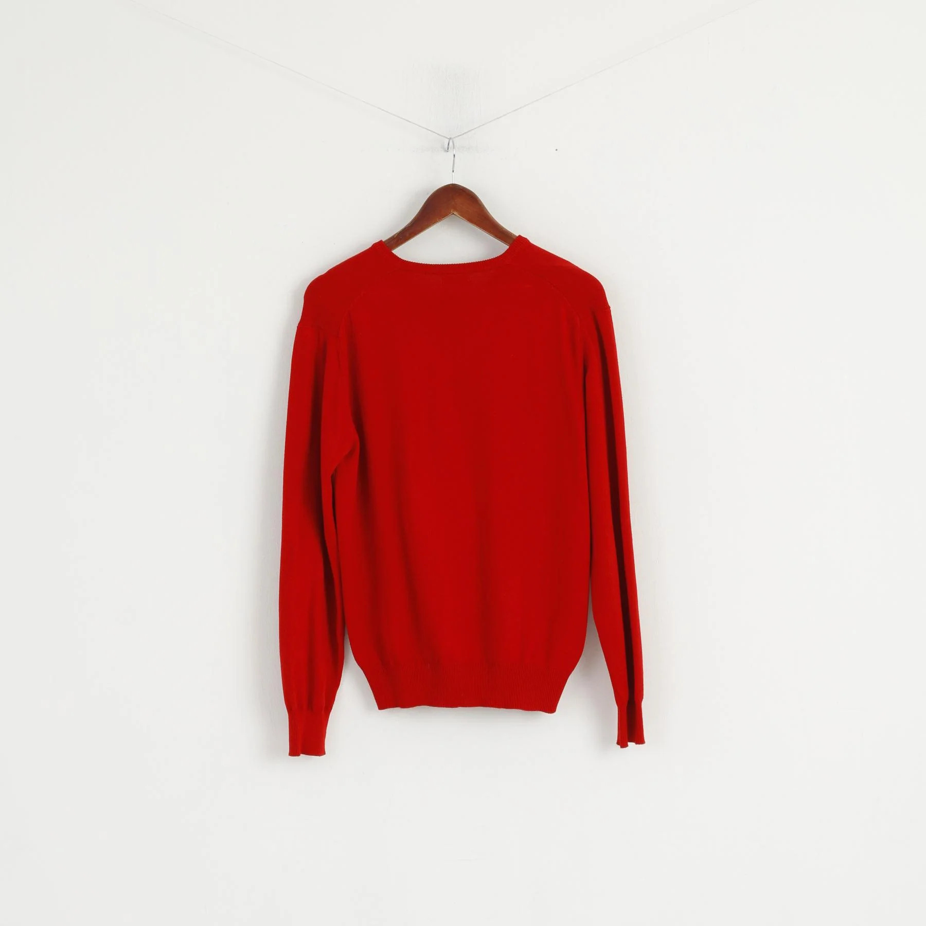 United Colors of Benetton Men M Jumper Red Cotton V Neck Classic Sweater - Image 6