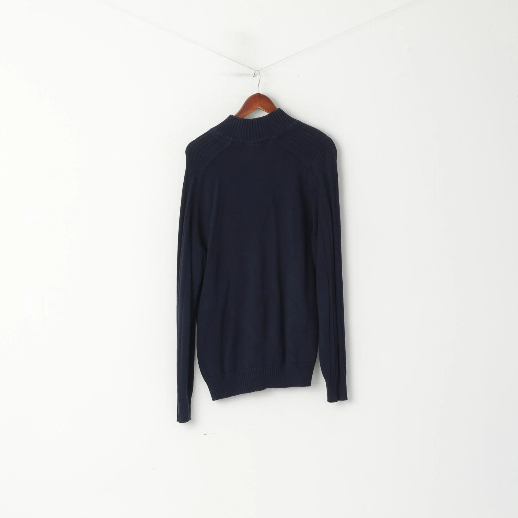 Oscar De La Renta Men L Jumper Navy Cotton Plain Knit Zip Neck Sweater - Image 6