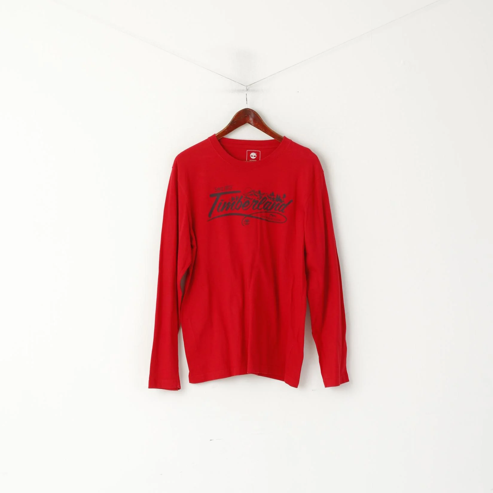 Timberland Men M Long Sleeved Shirt Red Cotton Regular Fit Graphic Earthkeepers Top