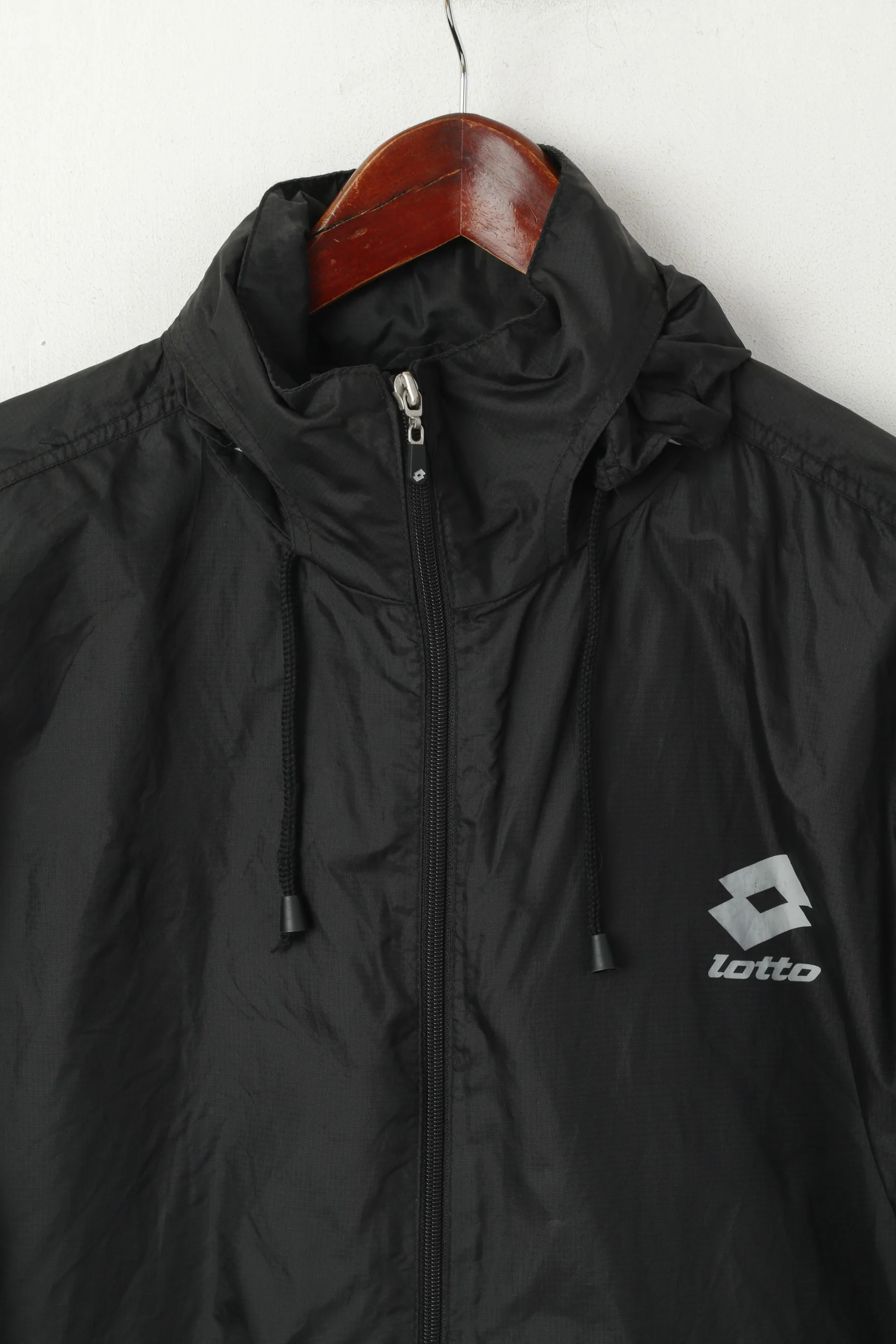 Lotto Men S Jacket Black Nylon Waterproof Sportswear Hidden Hood Top - Image 2
