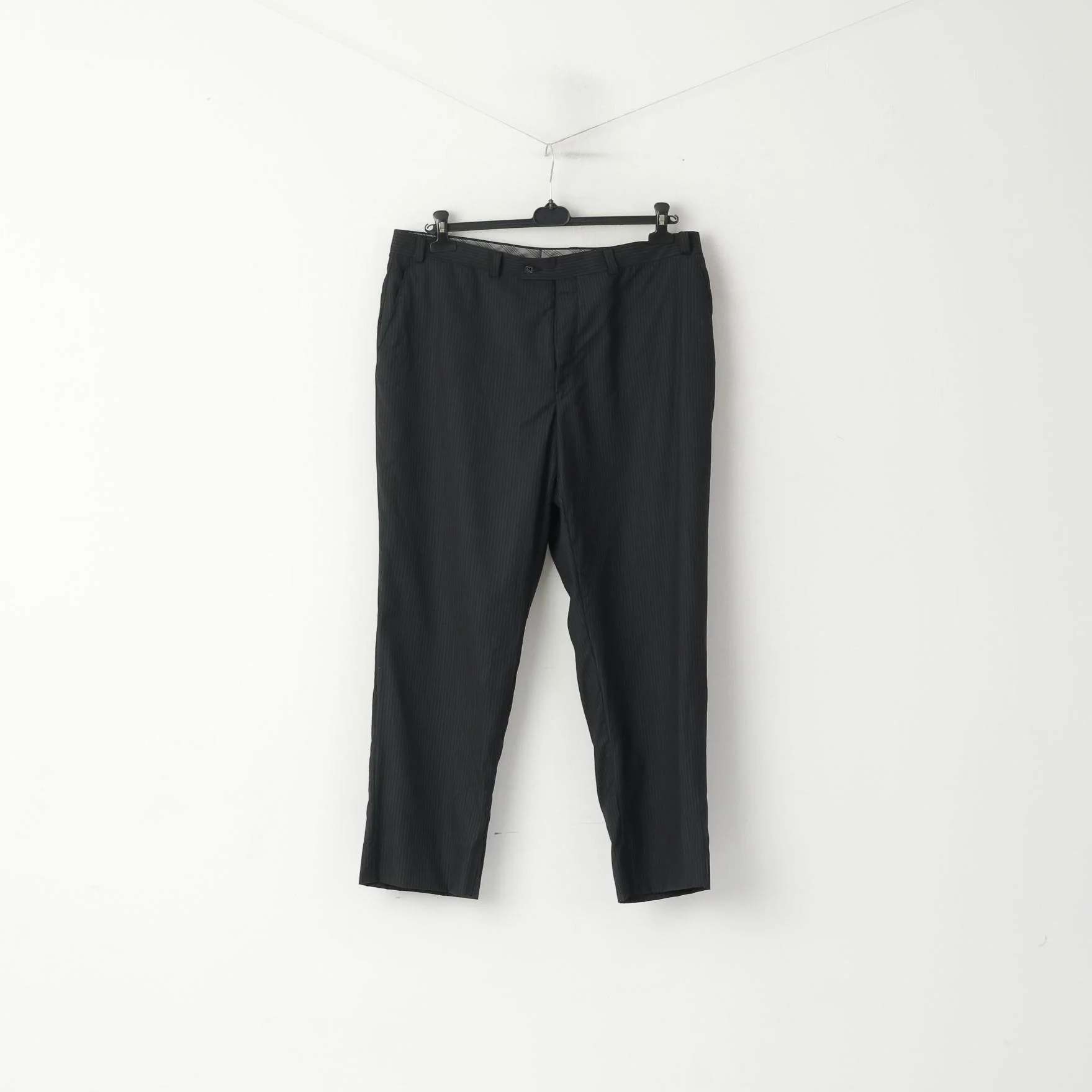 Calvin Klein Men 38 Trousers Navy Gray Striped Wool Straight Elegant Suit Pants