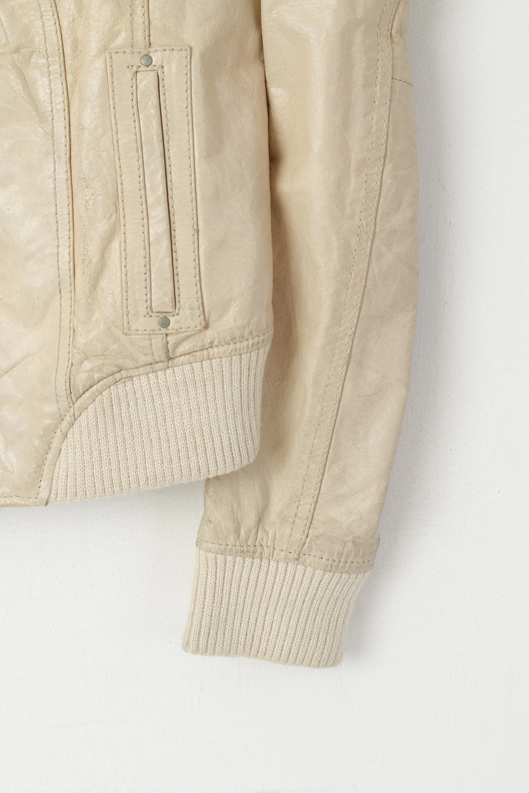 Xpert Women L (M) Jacket Beige Leather Biker Vintage Full Zipper Stand Up Collar Top - Image 3