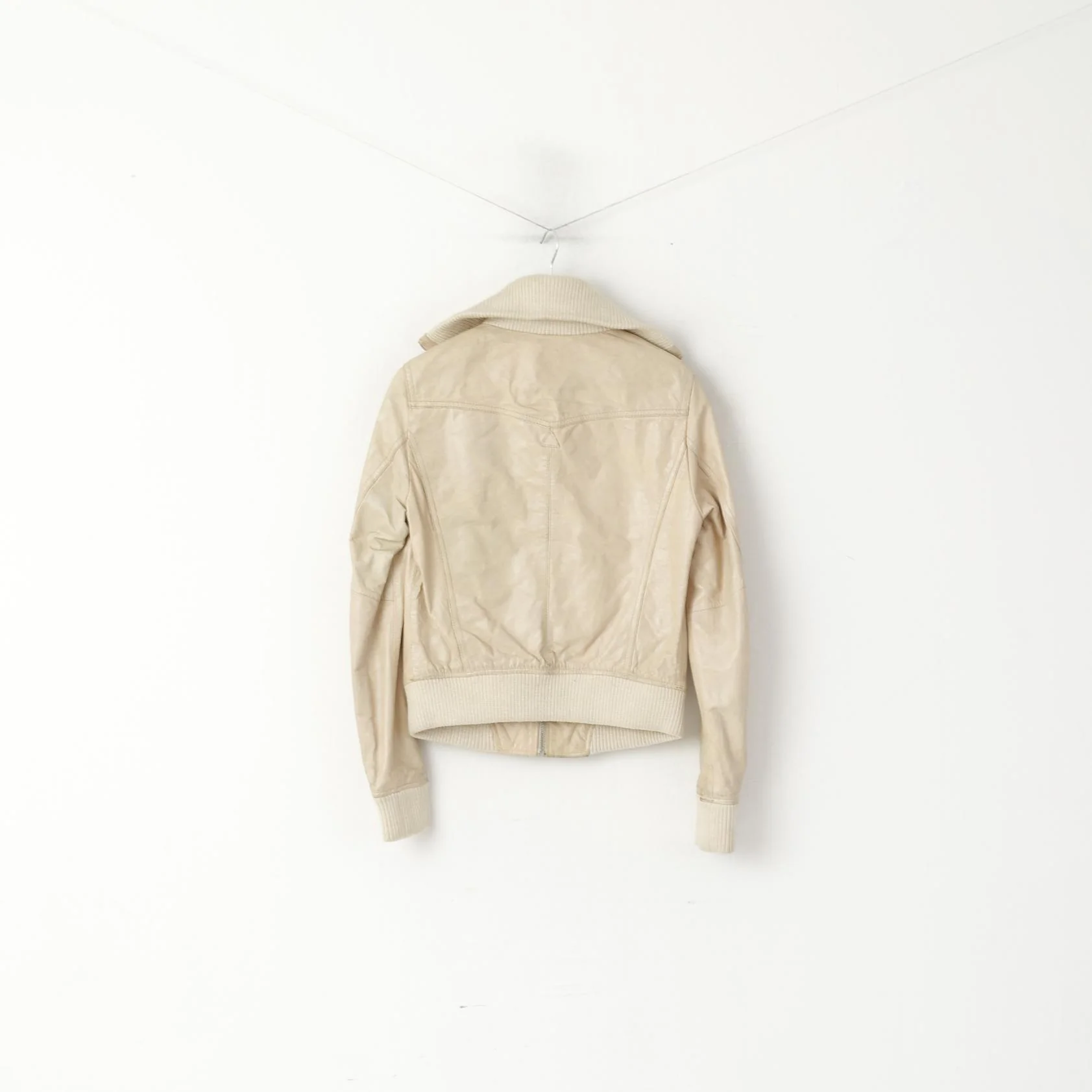 Xpert Women L (M) Jacket Beige Leather Biker Vintage Full Zipper Stand Up Collar Top - Image 9