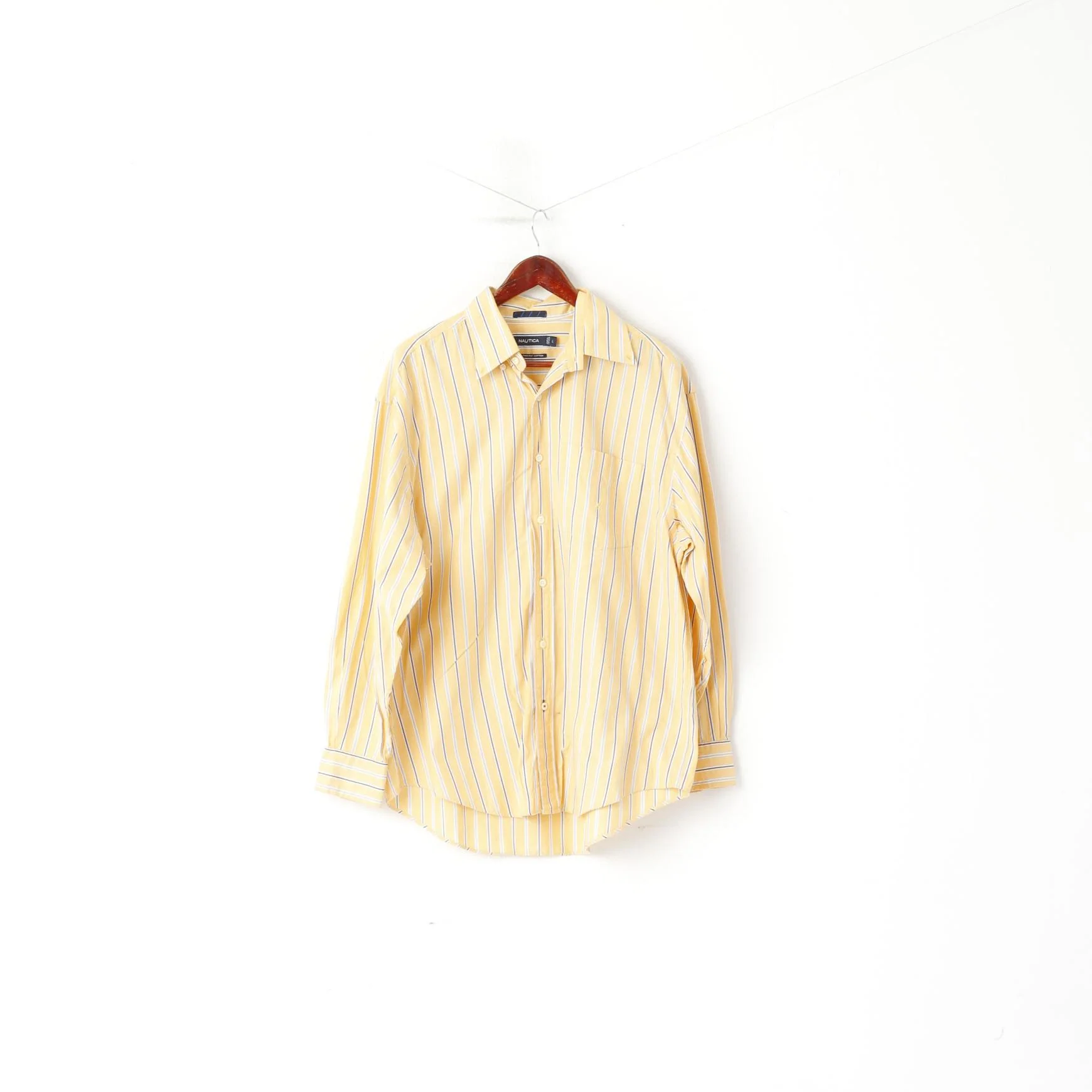 Nautica Men L Casual Shirt Yellow Striped 80s Two-Ply Cotton Long Sleeve Top