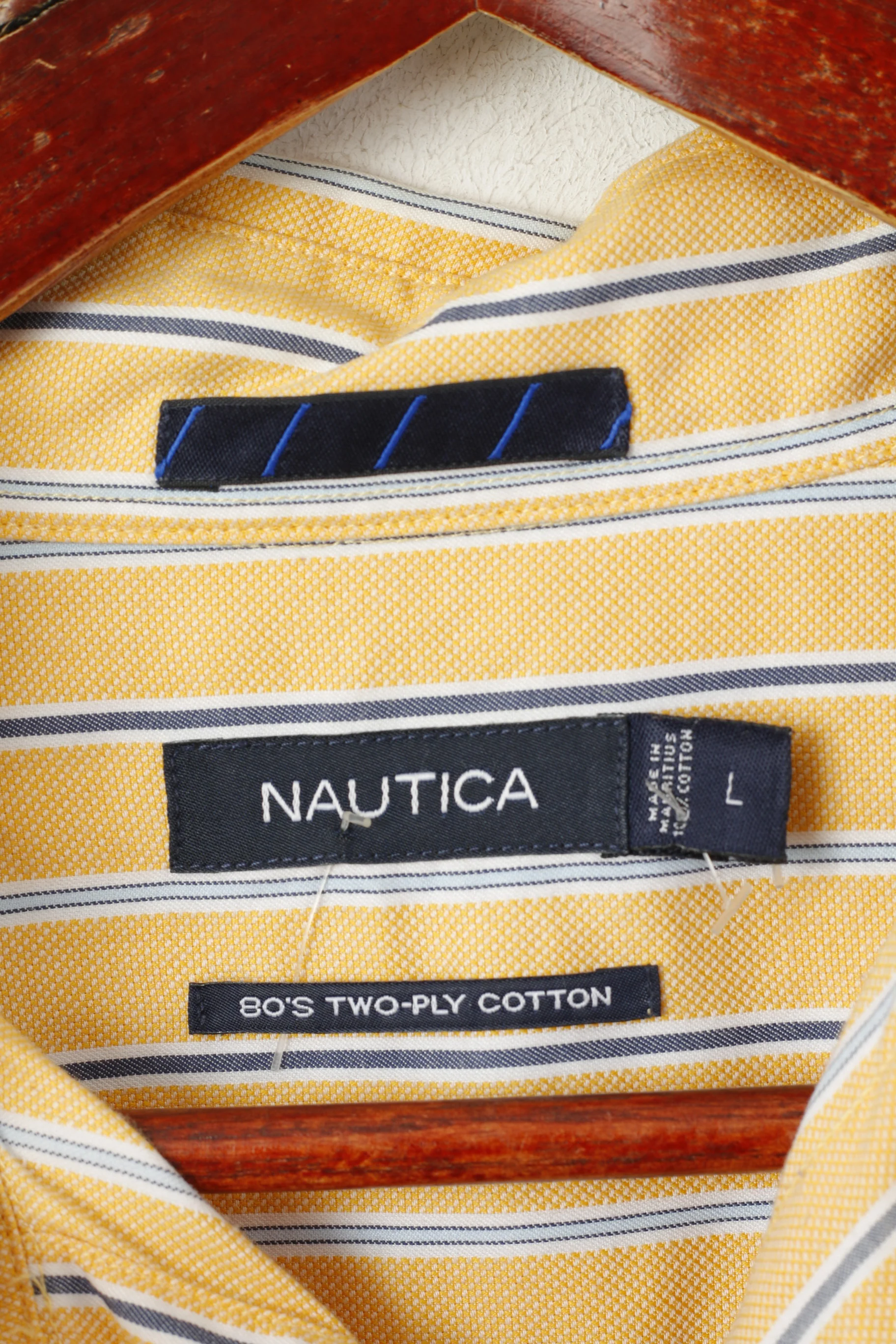 Nautica Men L Casual Shirt Yellow Striped 80s Two-Ply Cotton Long Sleeve Top - Image 4
